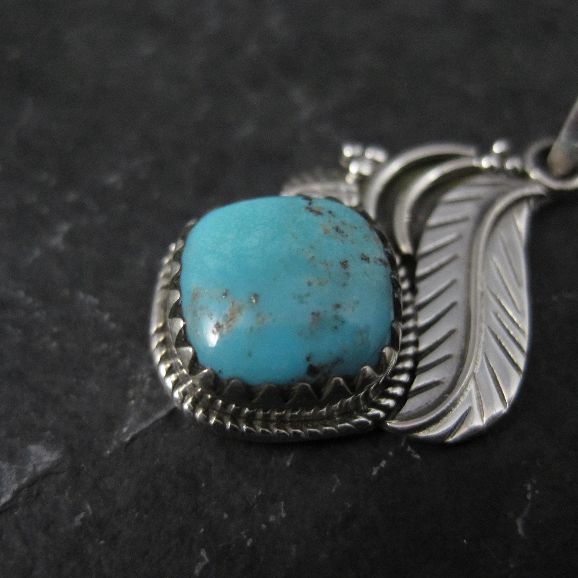 Southwestern Turquoise Feather Pendant Sterling Silver Estate Necklace