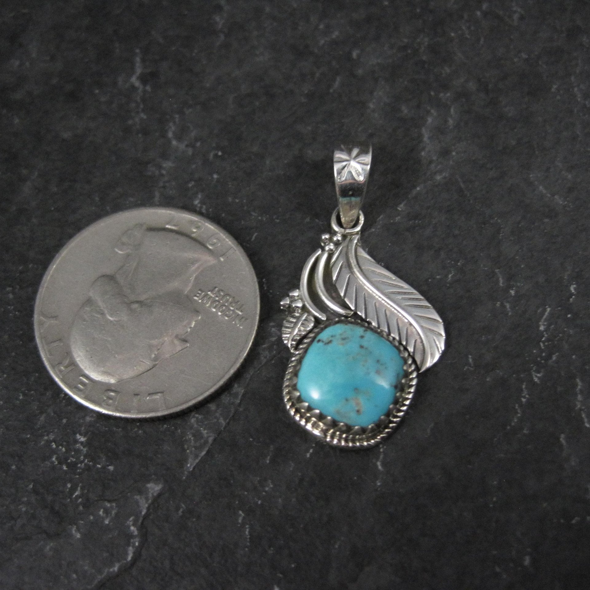 Southwestern Turquoise Feather Pendant Sterling Silver Estate Necklace