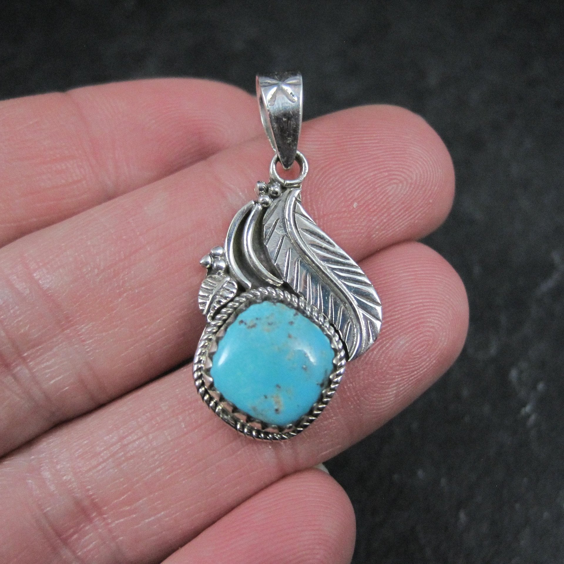 Southwestern Turquoise Feather Pendant Sterling Silver Estate Necklace