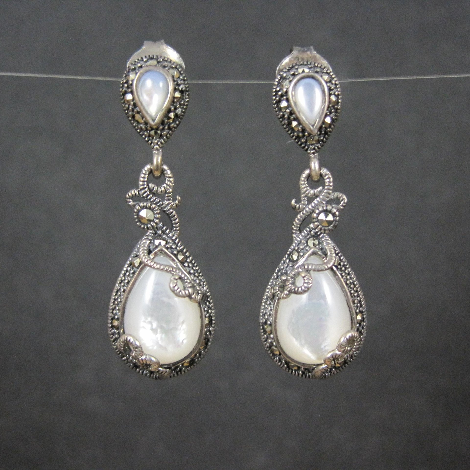 Vintage Sterling Silver Mother of Pearl Marcasite Earrings