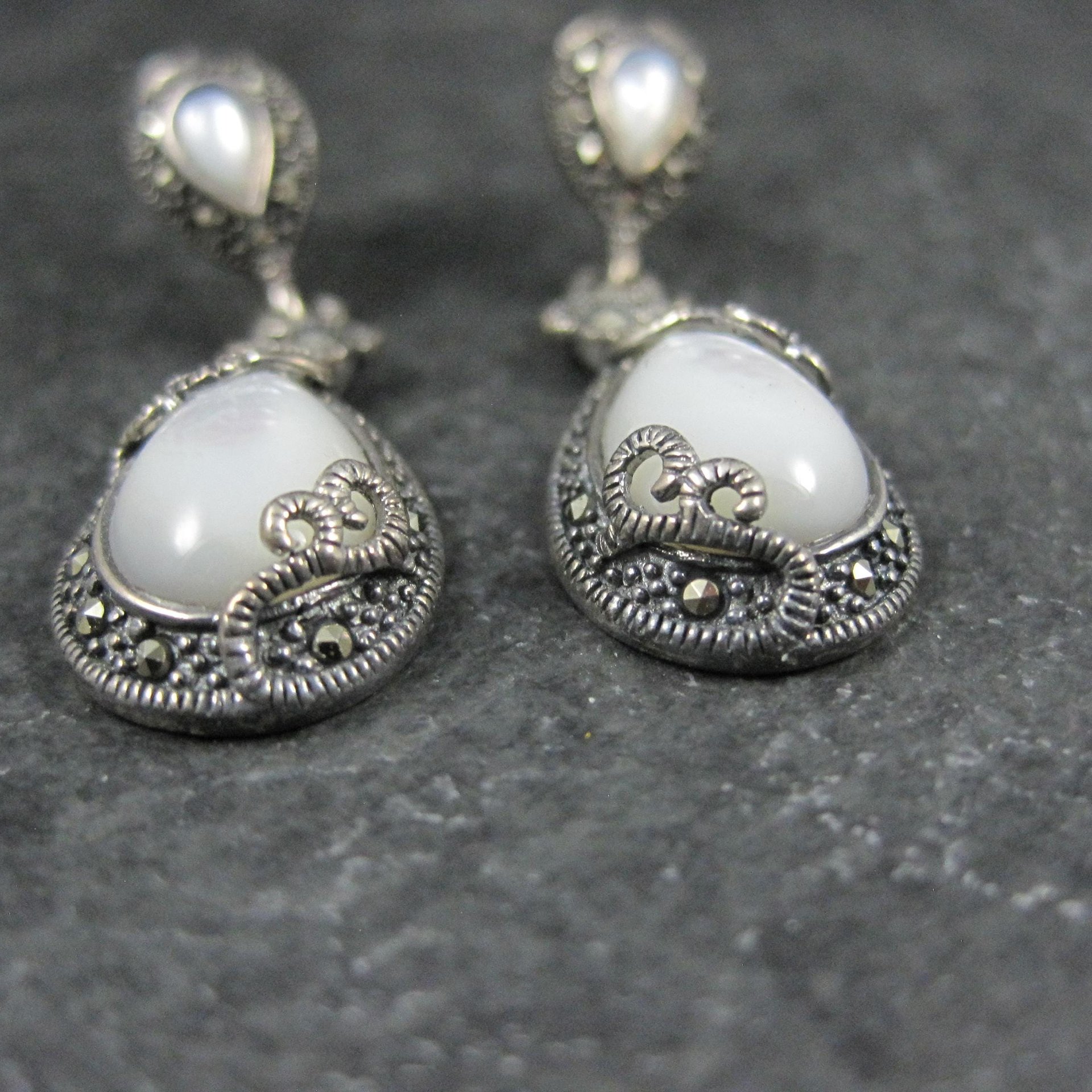 Vintage Sterling Silver Mother of Pearl Marcasite Earrings