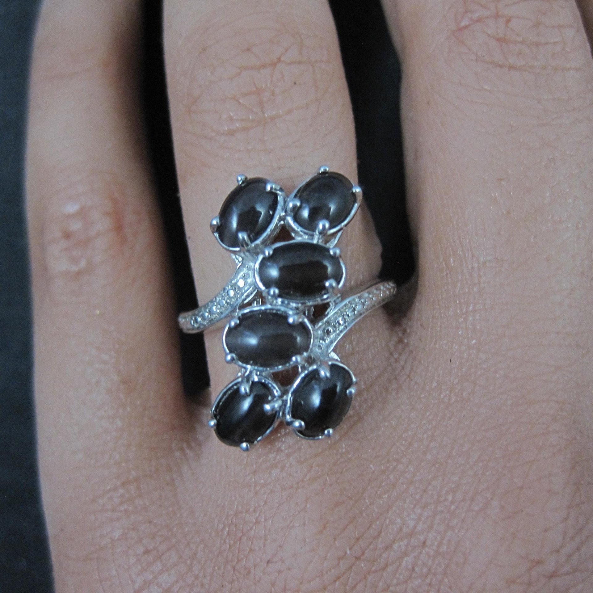 Black Cats Eye Sillimanite Ring Size 5 Sterling Silver Estate Jewelry
