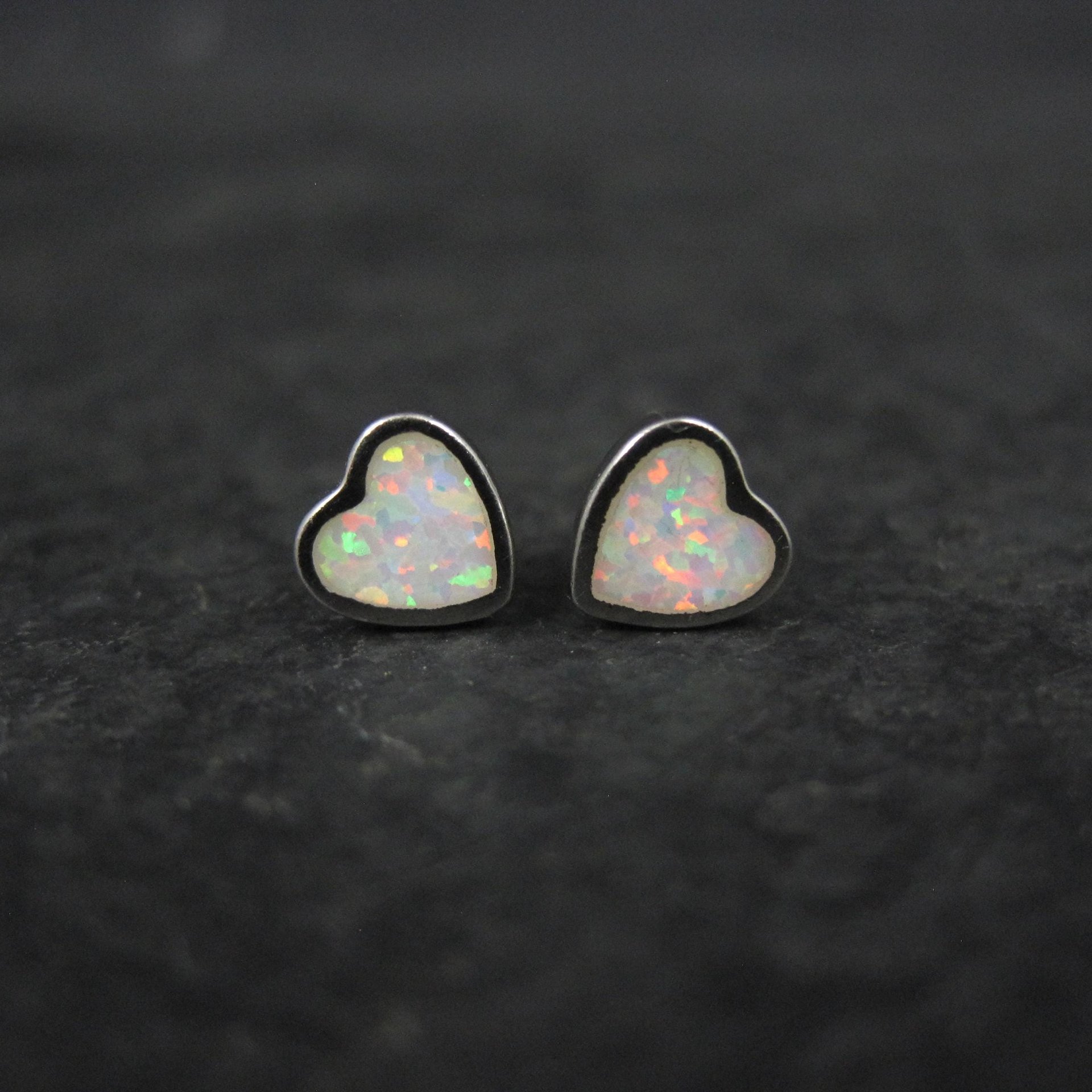 Tiny Opal Heart Earrings Vintage Sterling Silver Studs