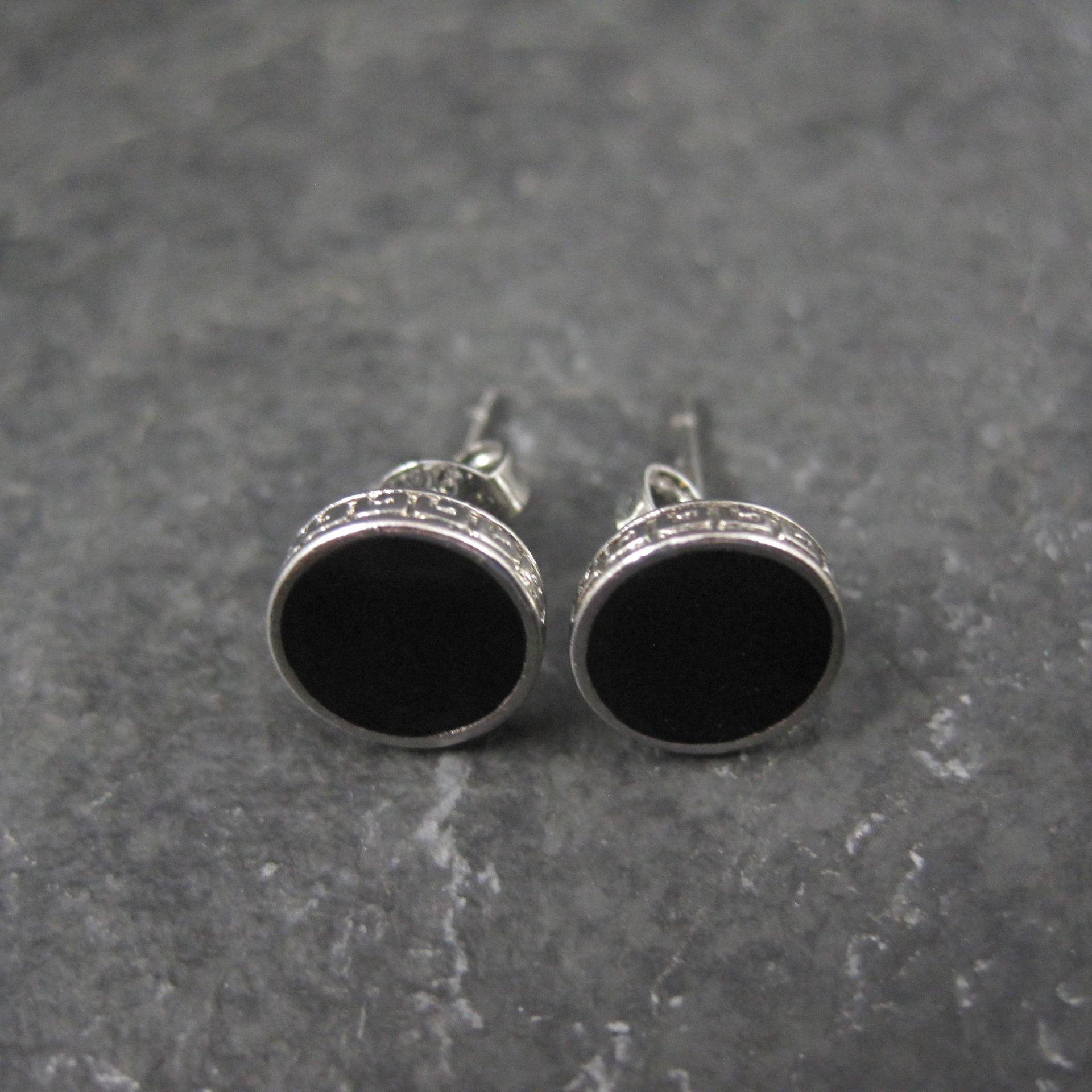 Vintage Sterling Silver Onyx Greek Key Stud Earrings