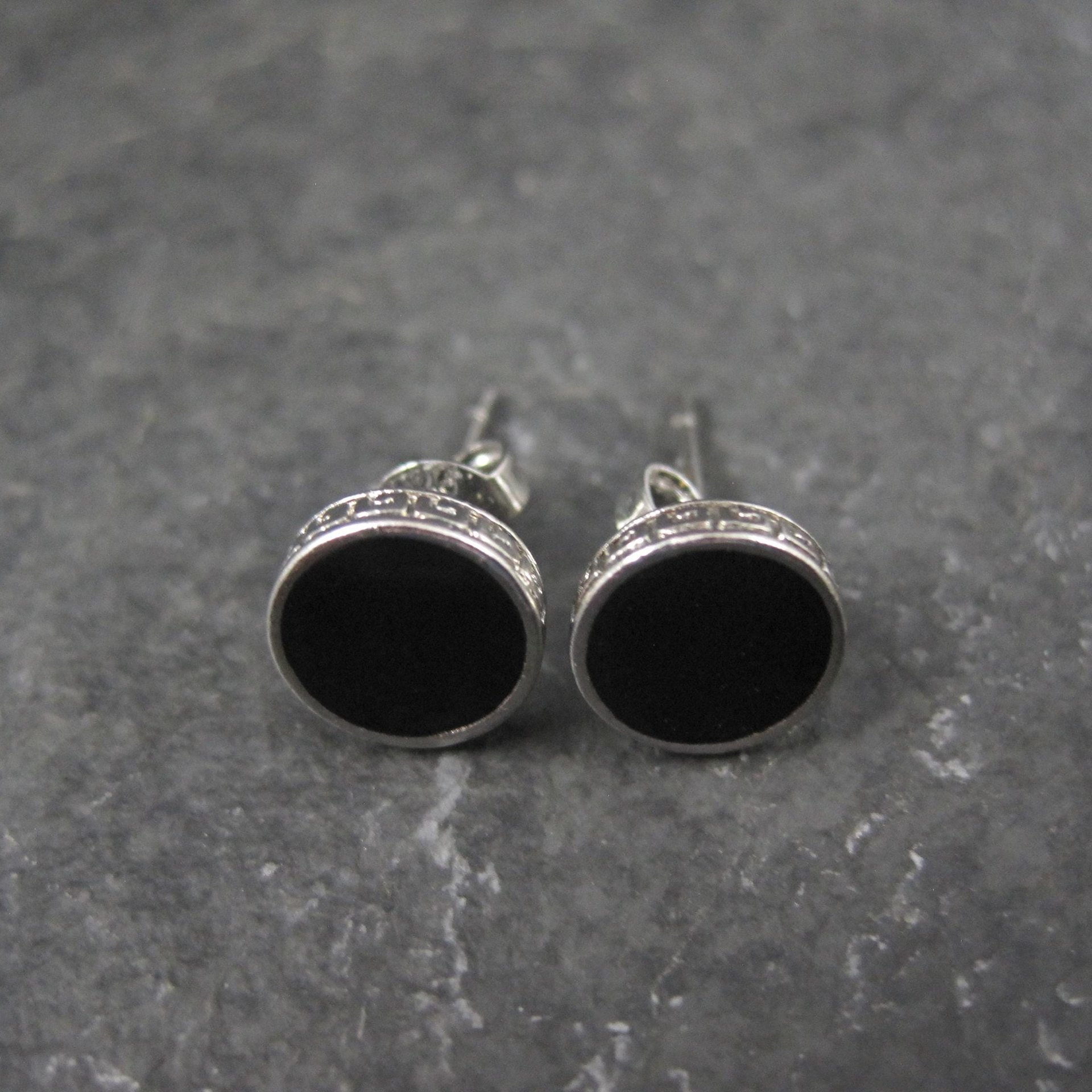 Vintage Sterling Silver Onyx Greek Key Stud Earrings