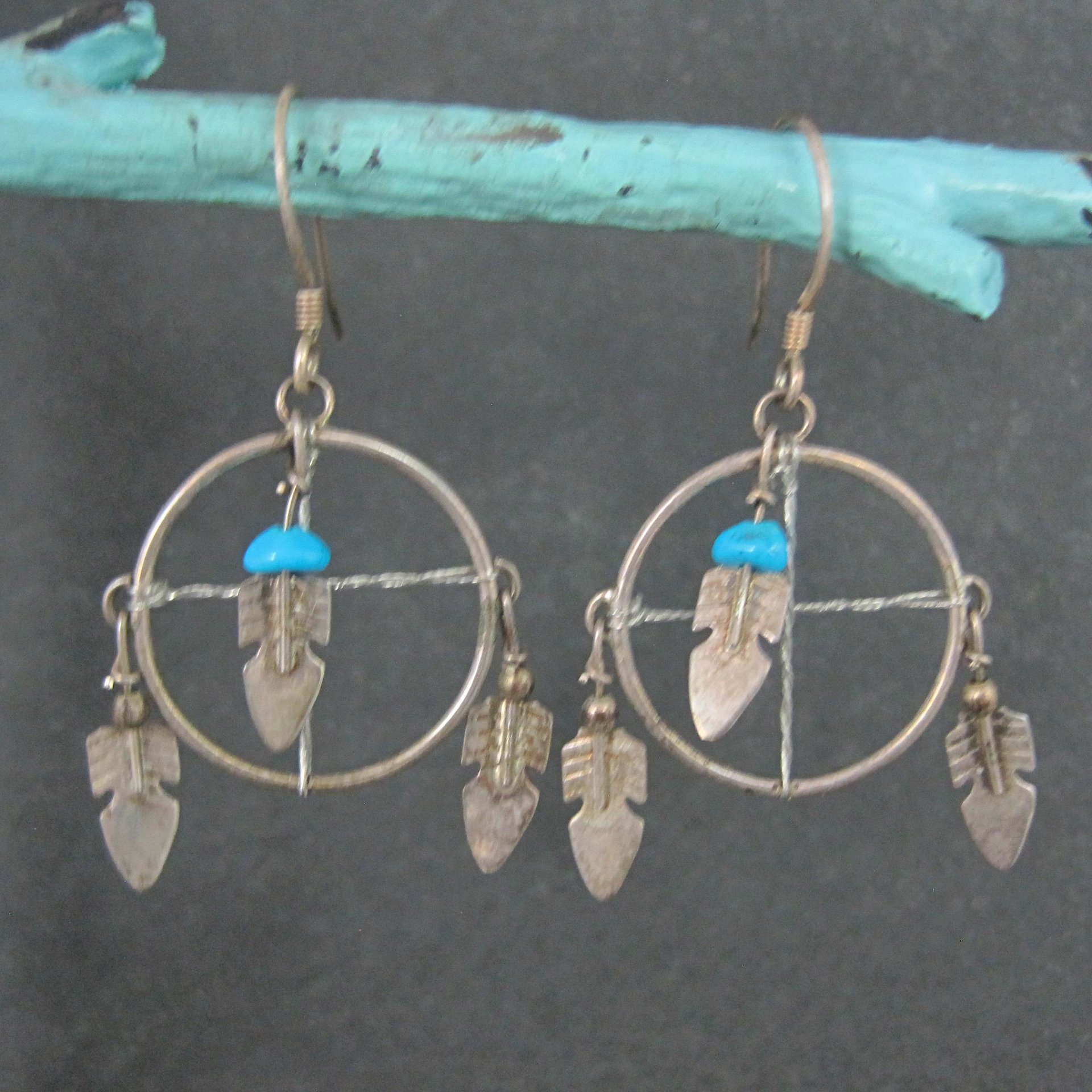 Vintage Turquoise Feather Earrings Southwestern Sterling Silver