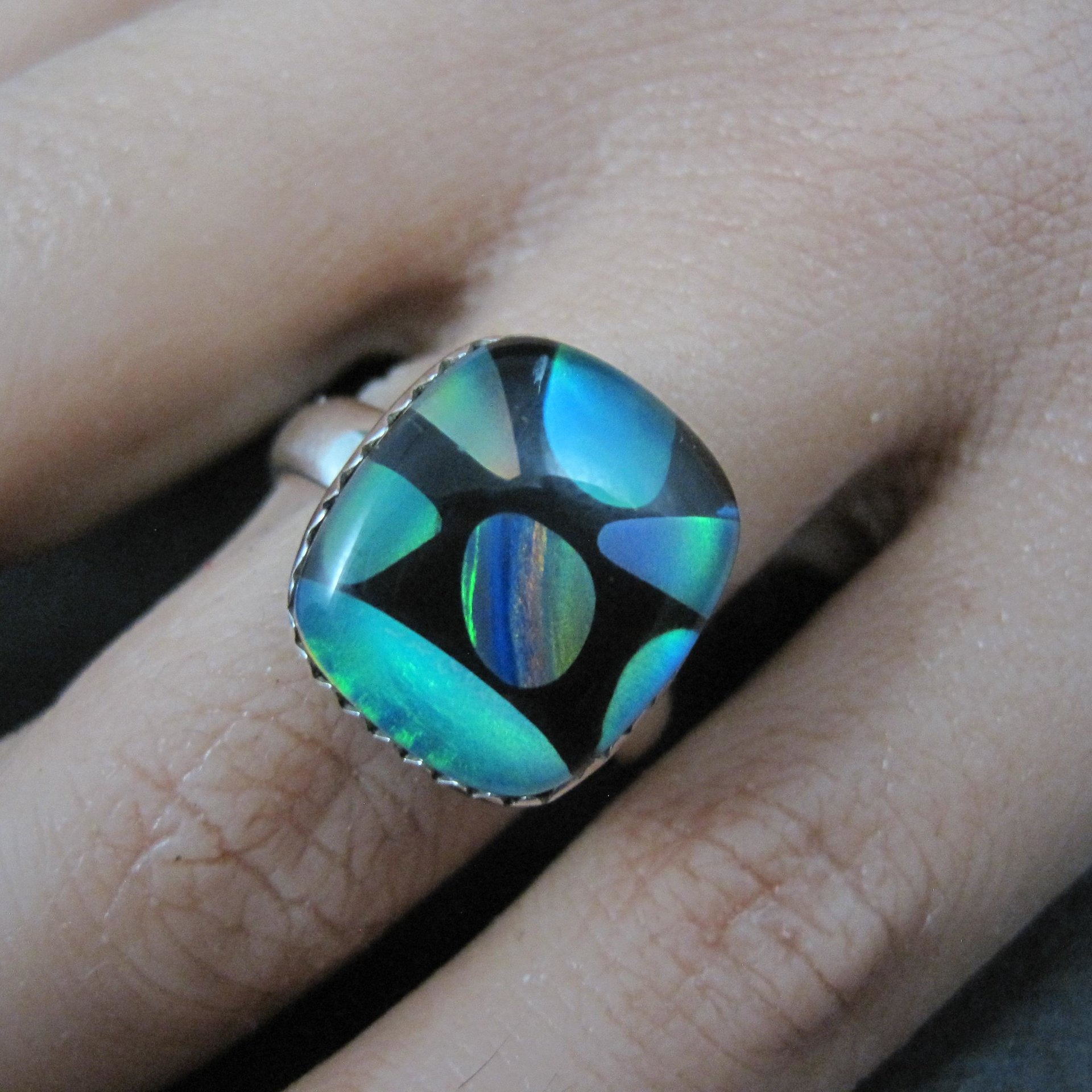 Art Glass Opal Ring Sterling Silver Size 7 Estate