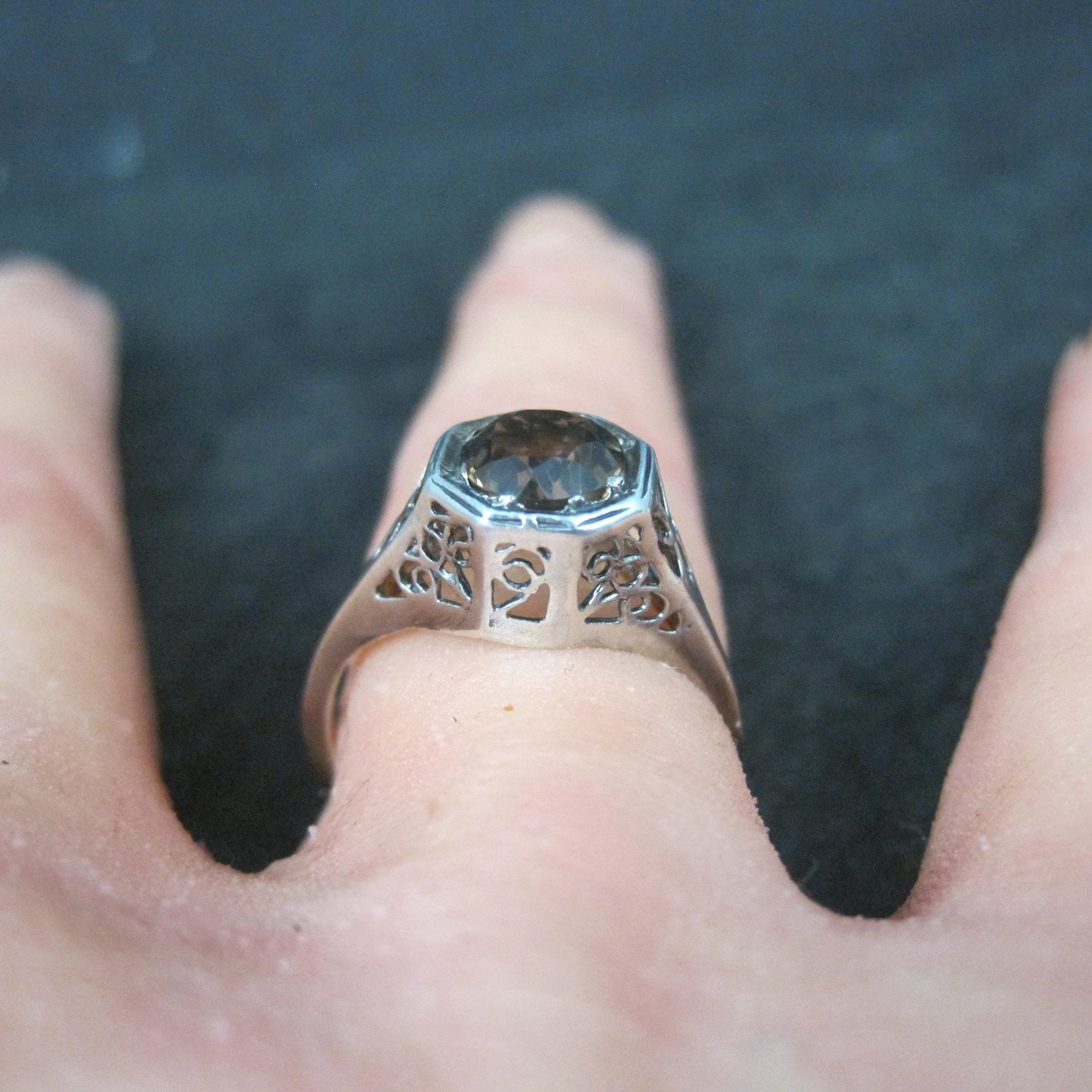Vintage Filigree Smoky Topaz Solitaire Ring Size 7 Sterling Silver