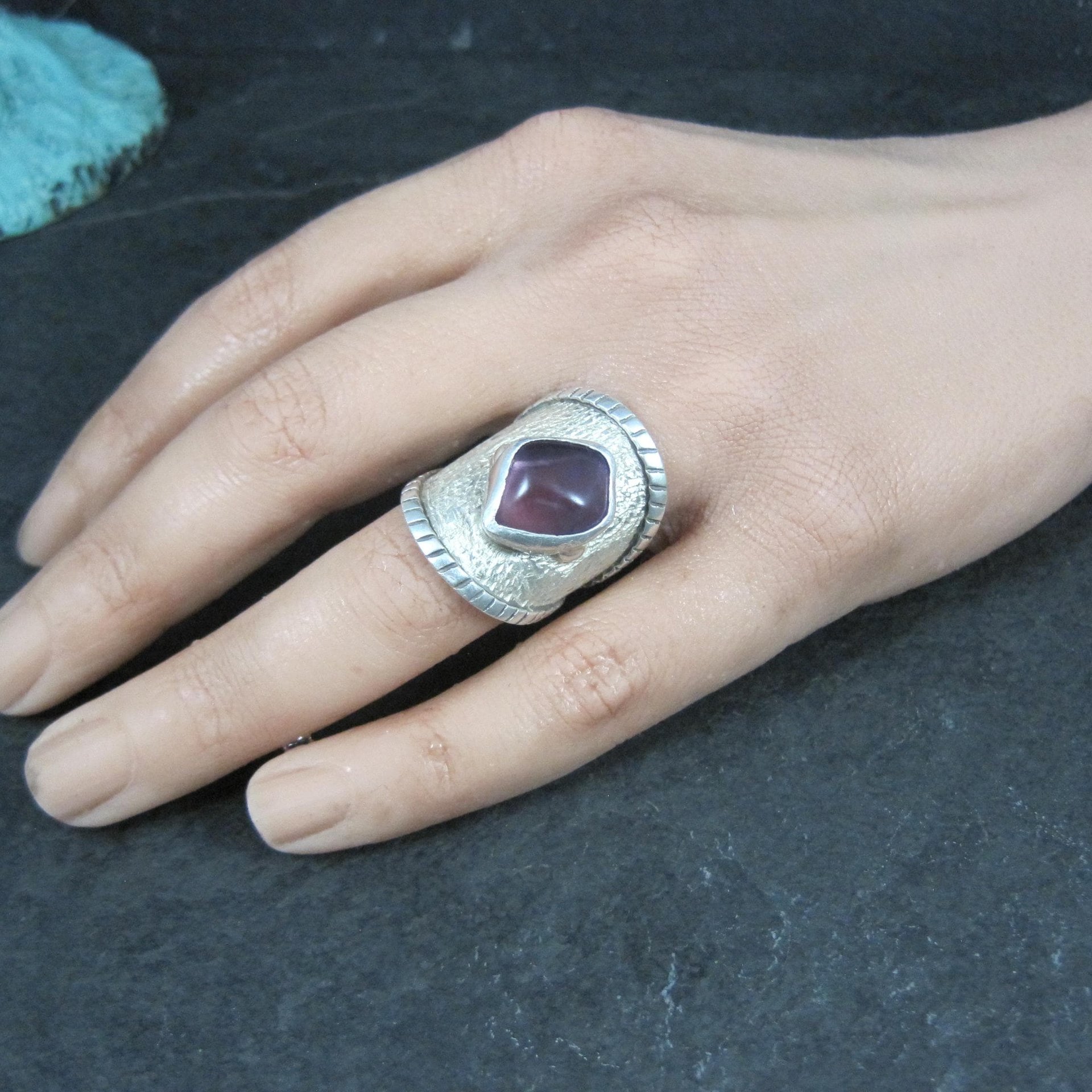 Wide Sterling Silver Amethyst Ring Size 7.5