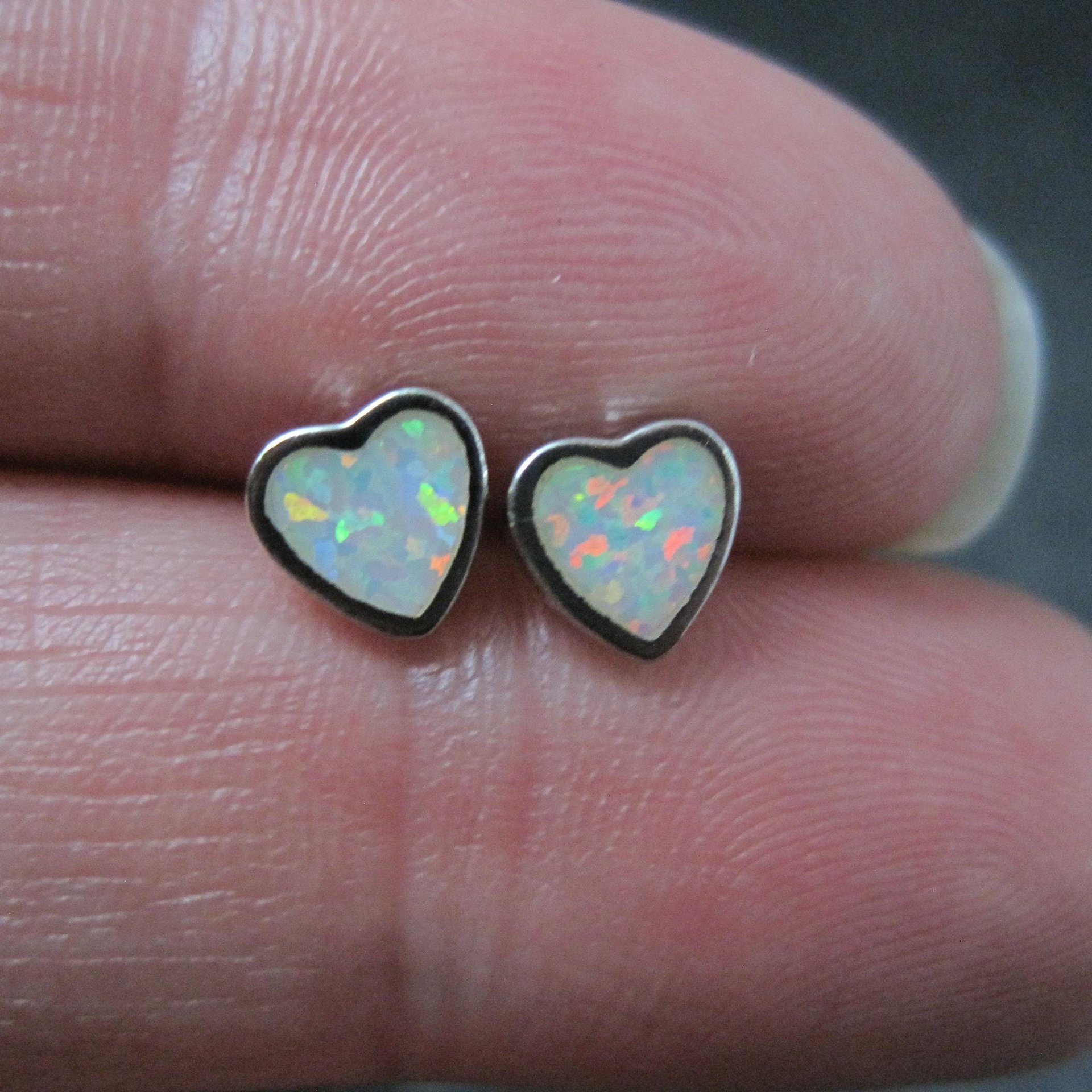Tiny Opal Heart Earrings Vintage Sterling Silver Studs
