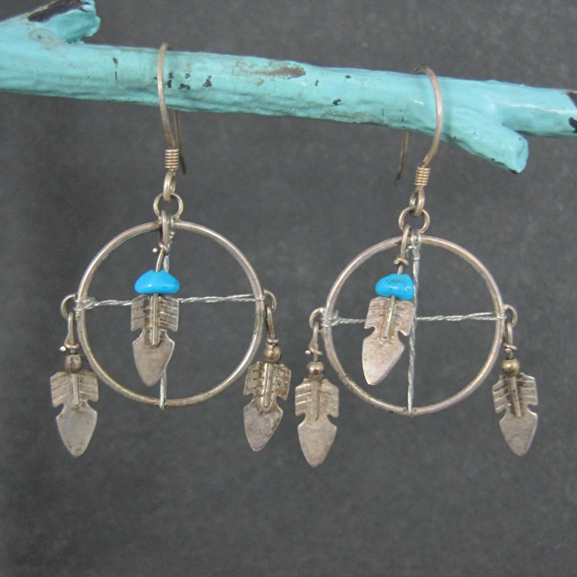 Vintage Turquoise Feather Earrings Southwestern Sterling Silver