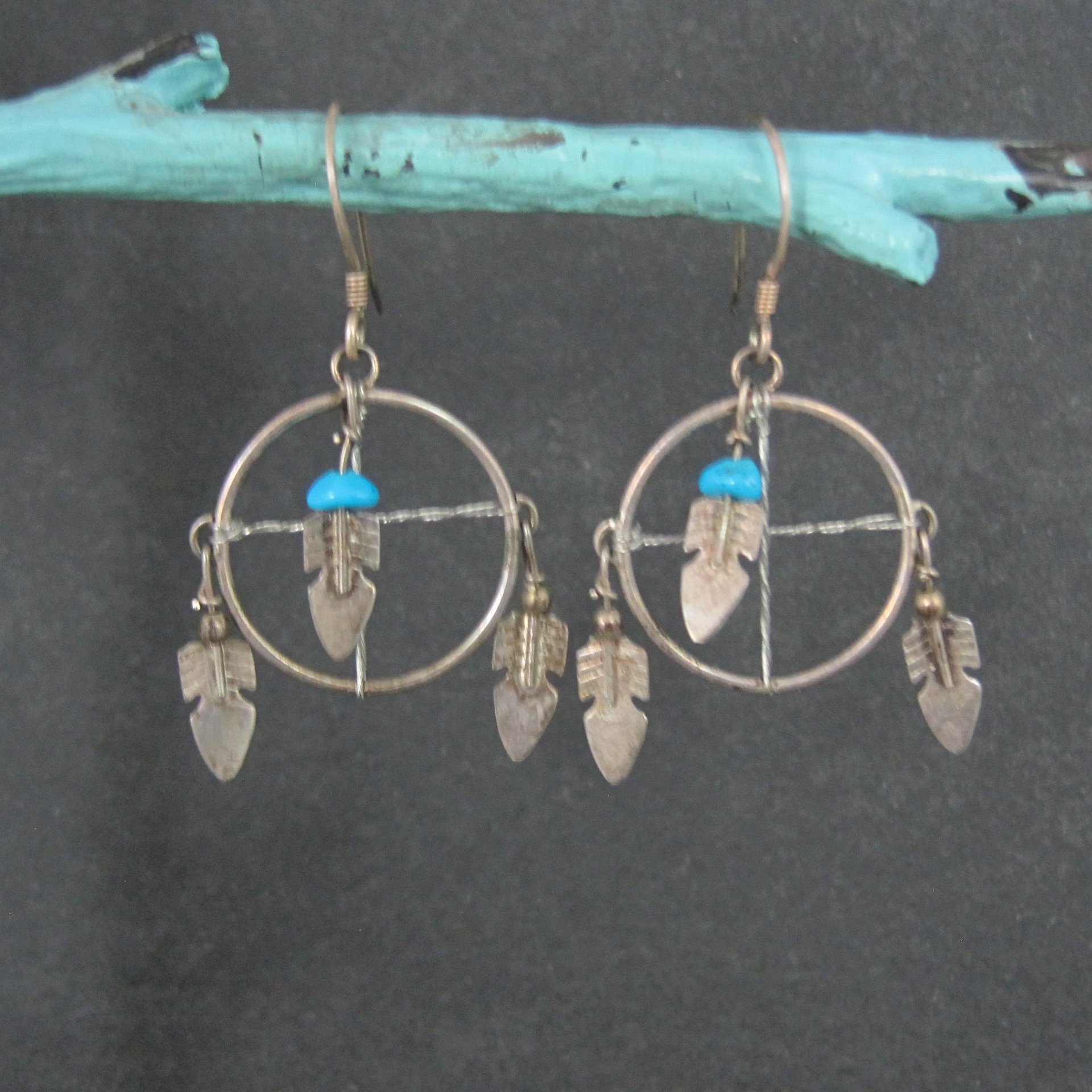 Vintage Turquoise Feather Earrings Southwestern Sterling Silver