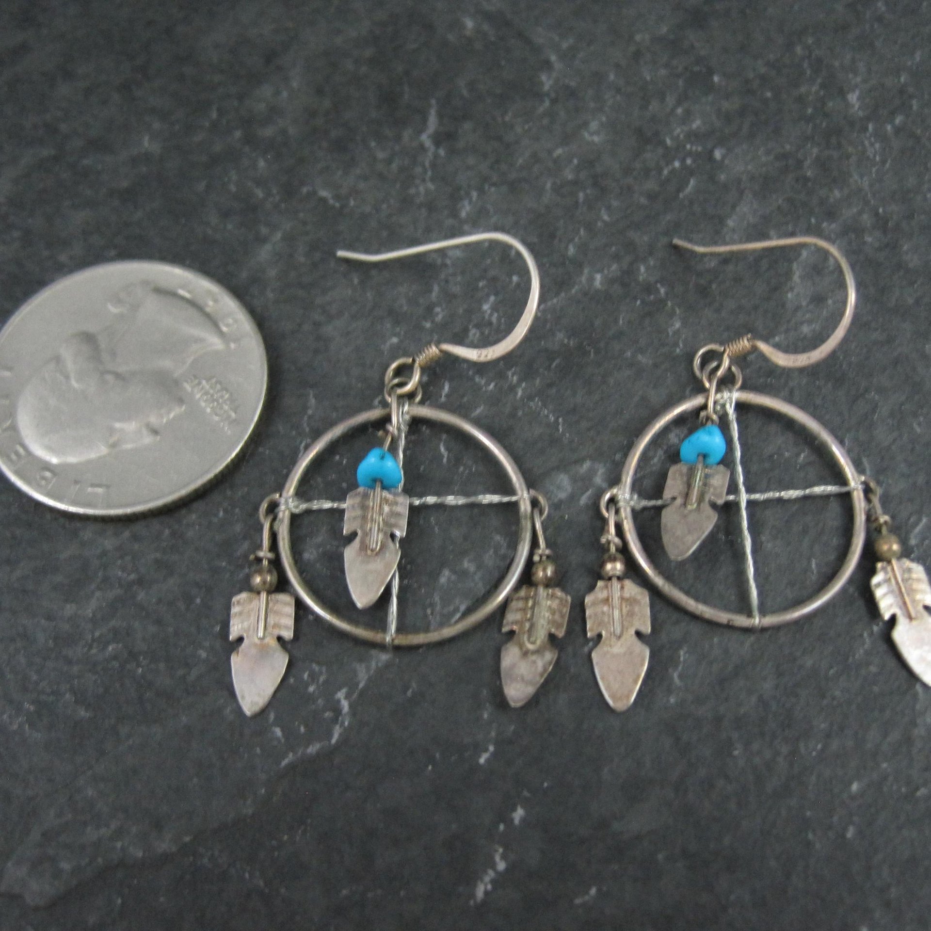 Vintage Turquoise Feather Earrings Southwestern Sterling Silver
