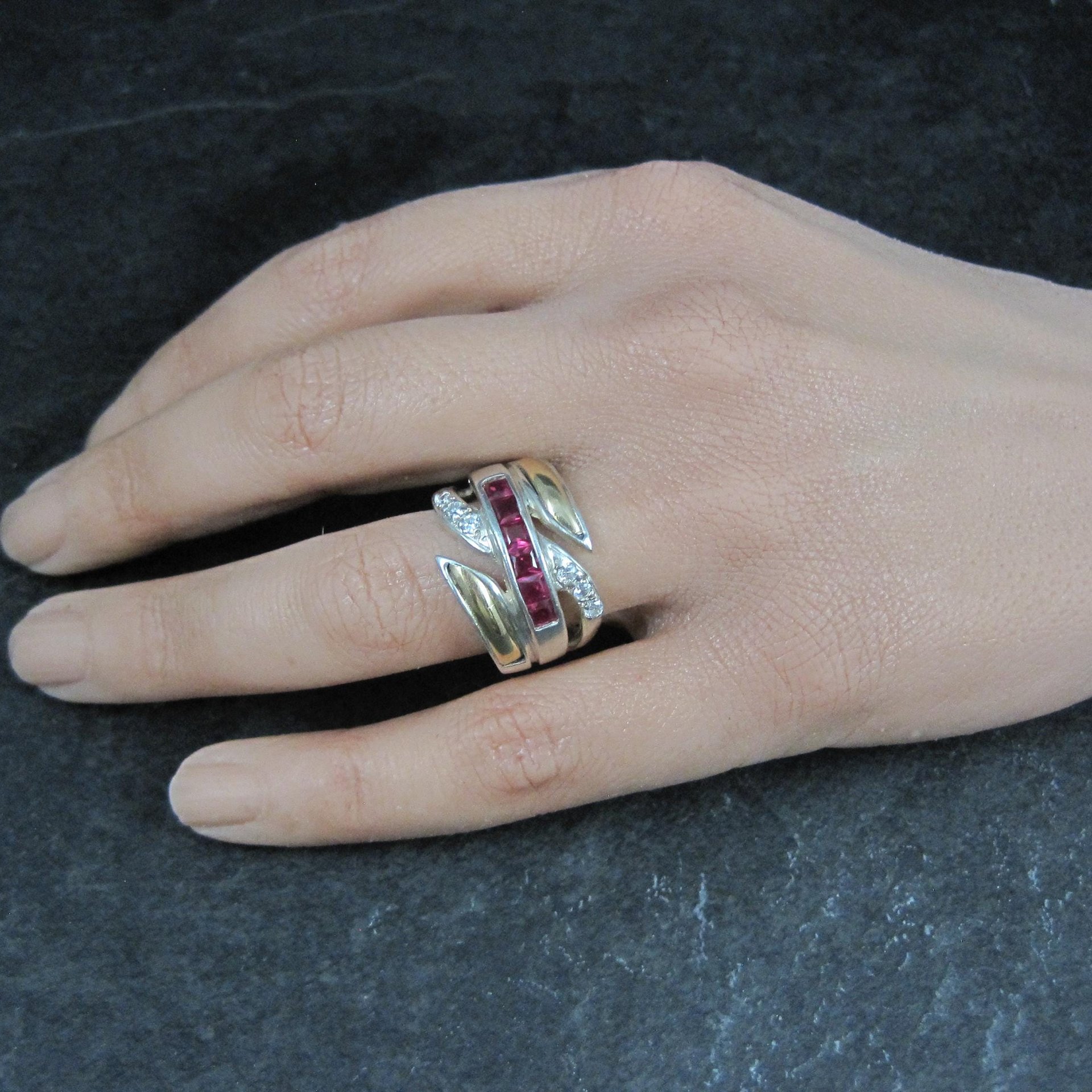 Vintage Ruby Ring Sterling Silver and 18K Yellow Gold Size 8