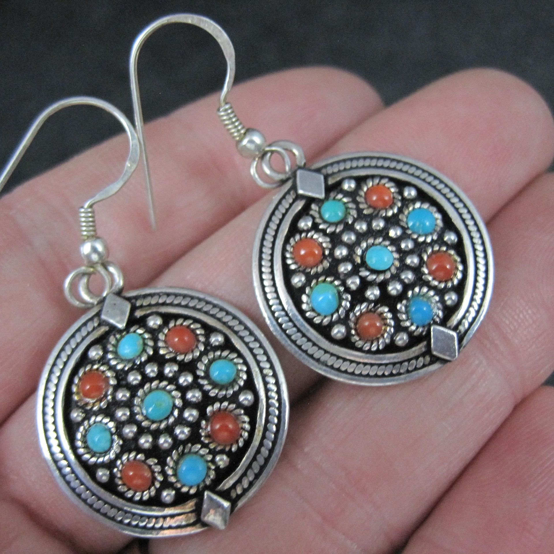Vintage Turquoise and Coral Earrings Sterling Silver