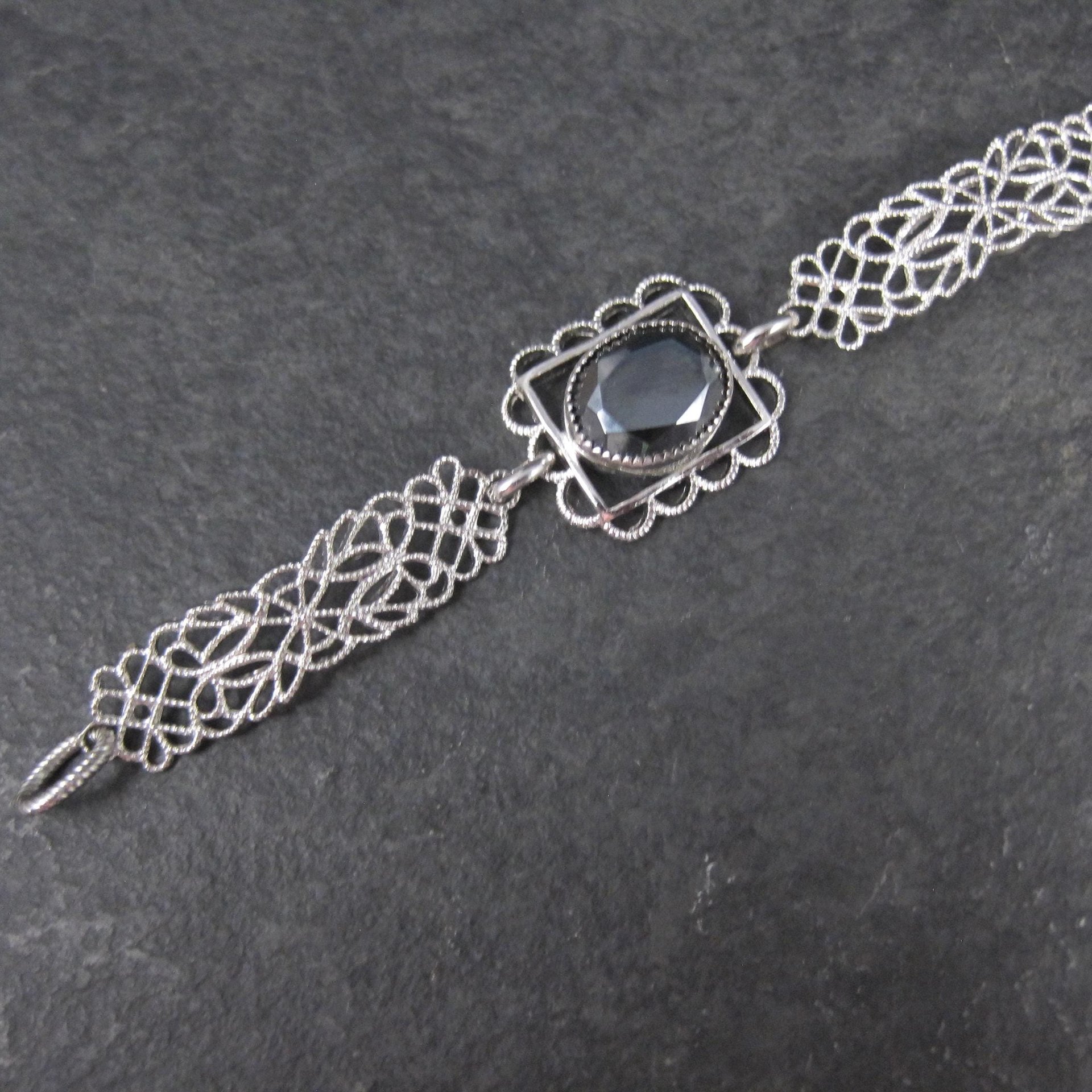 Filigree Hematite Bracelet 14K White Gold Filled 7.5 Inches
