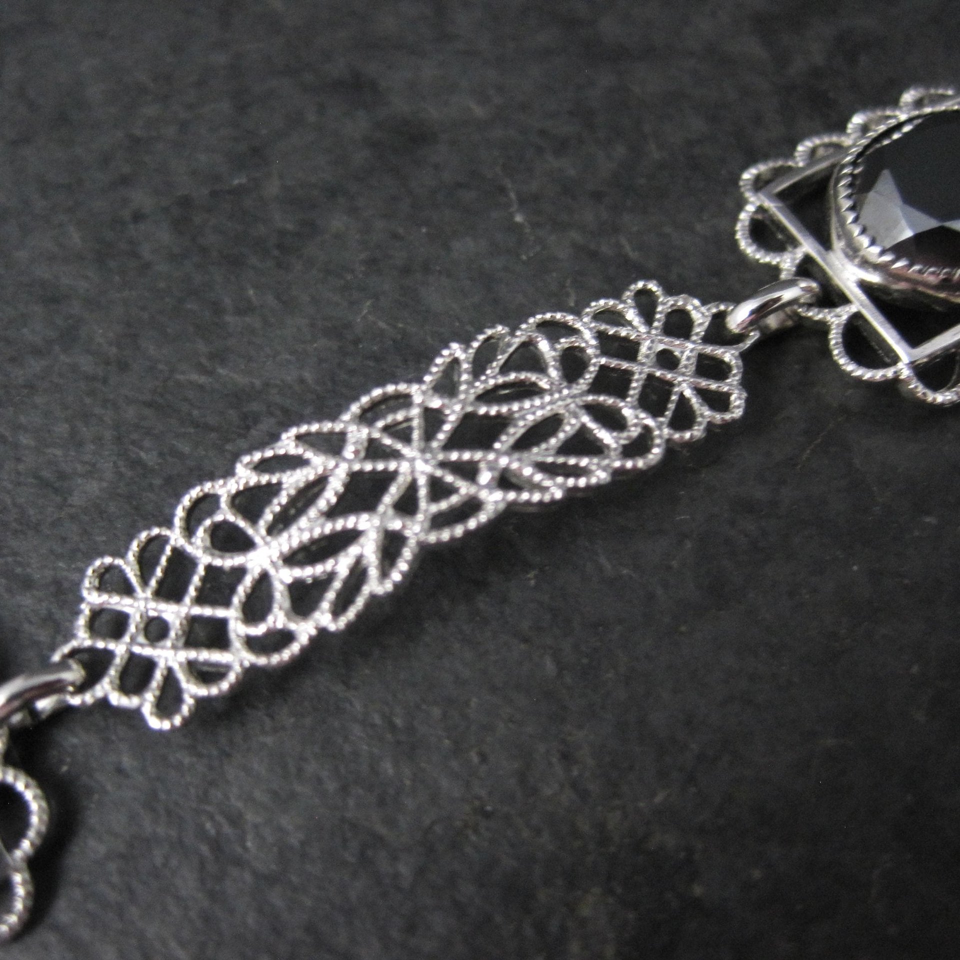 Filigree Hematite Bracelet 14K White Gold Filled 7.5 Inches