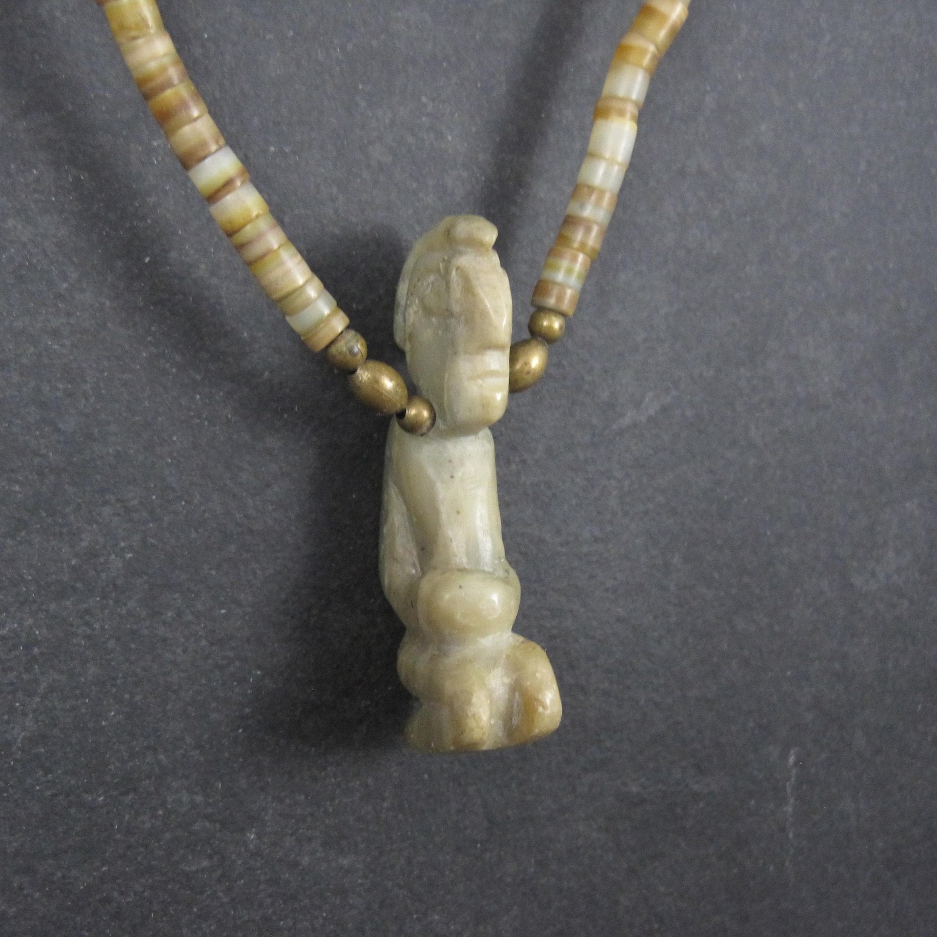 Pre Columbian Nephrite Effigy Pendant on Alabaster Bead Necklace