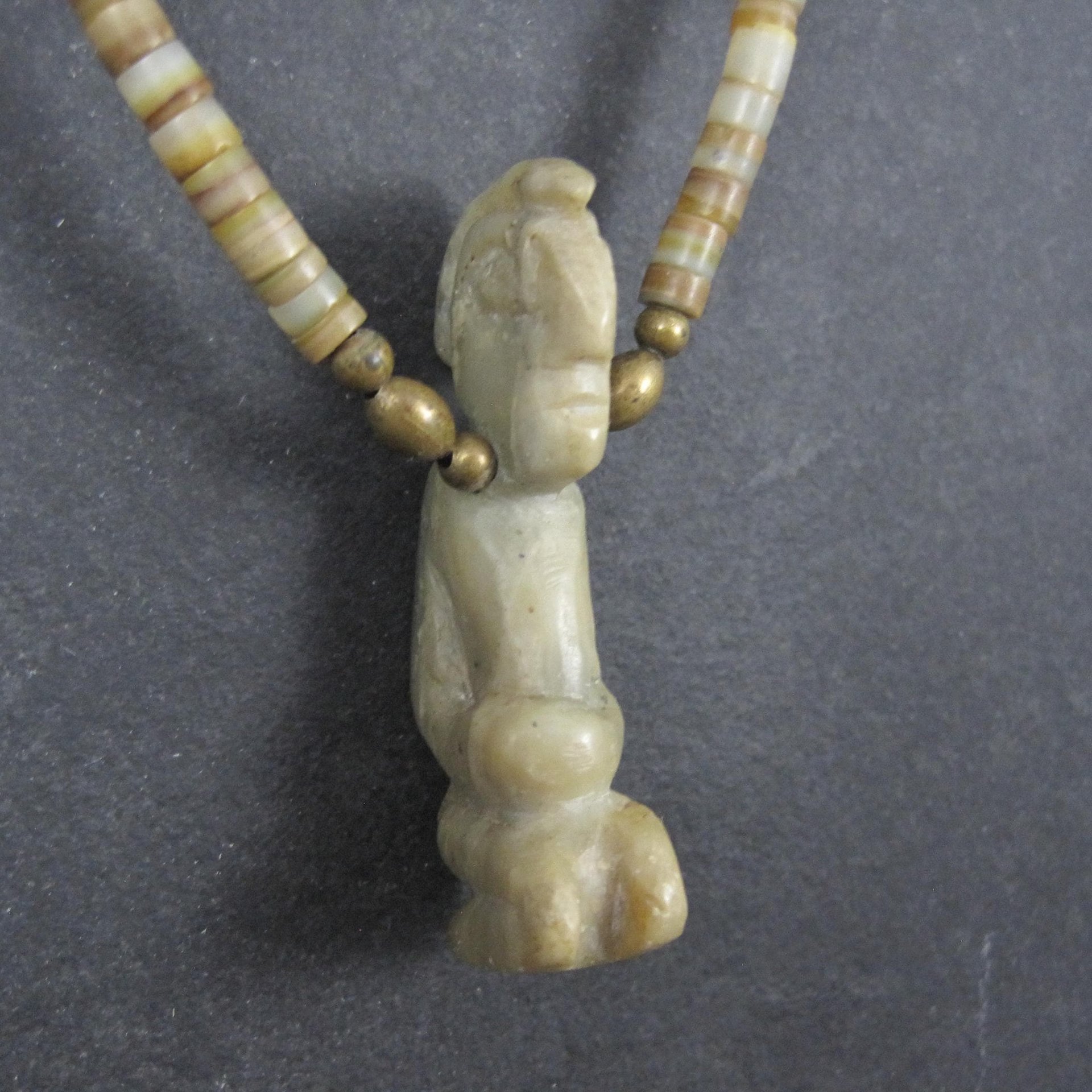 Pre Columbian Nephrite Effigy Pendant on Alabaster Bead Necklace