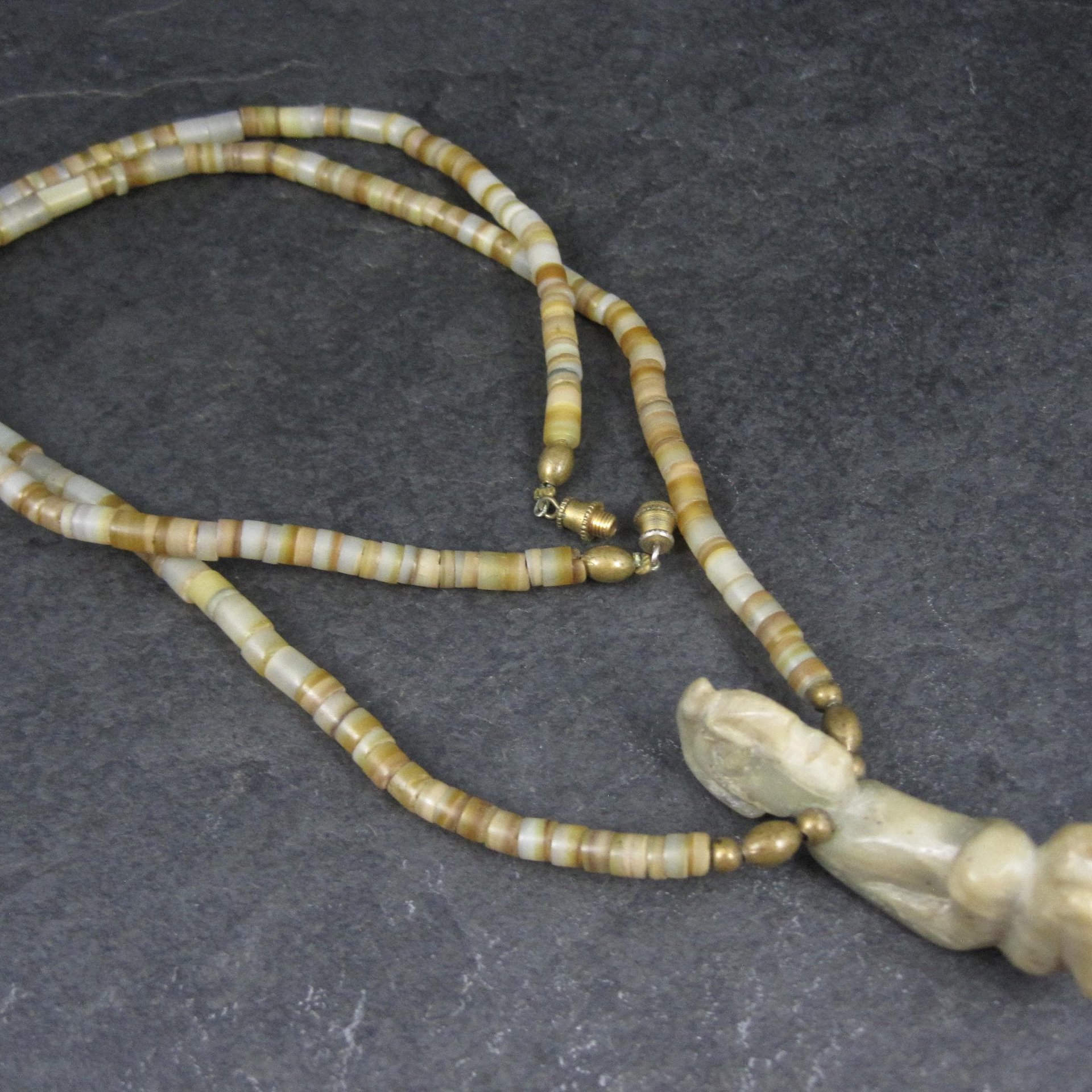 Pre Columbian Nephrite Effigy Pendant on Alabaster Bead Necklace
