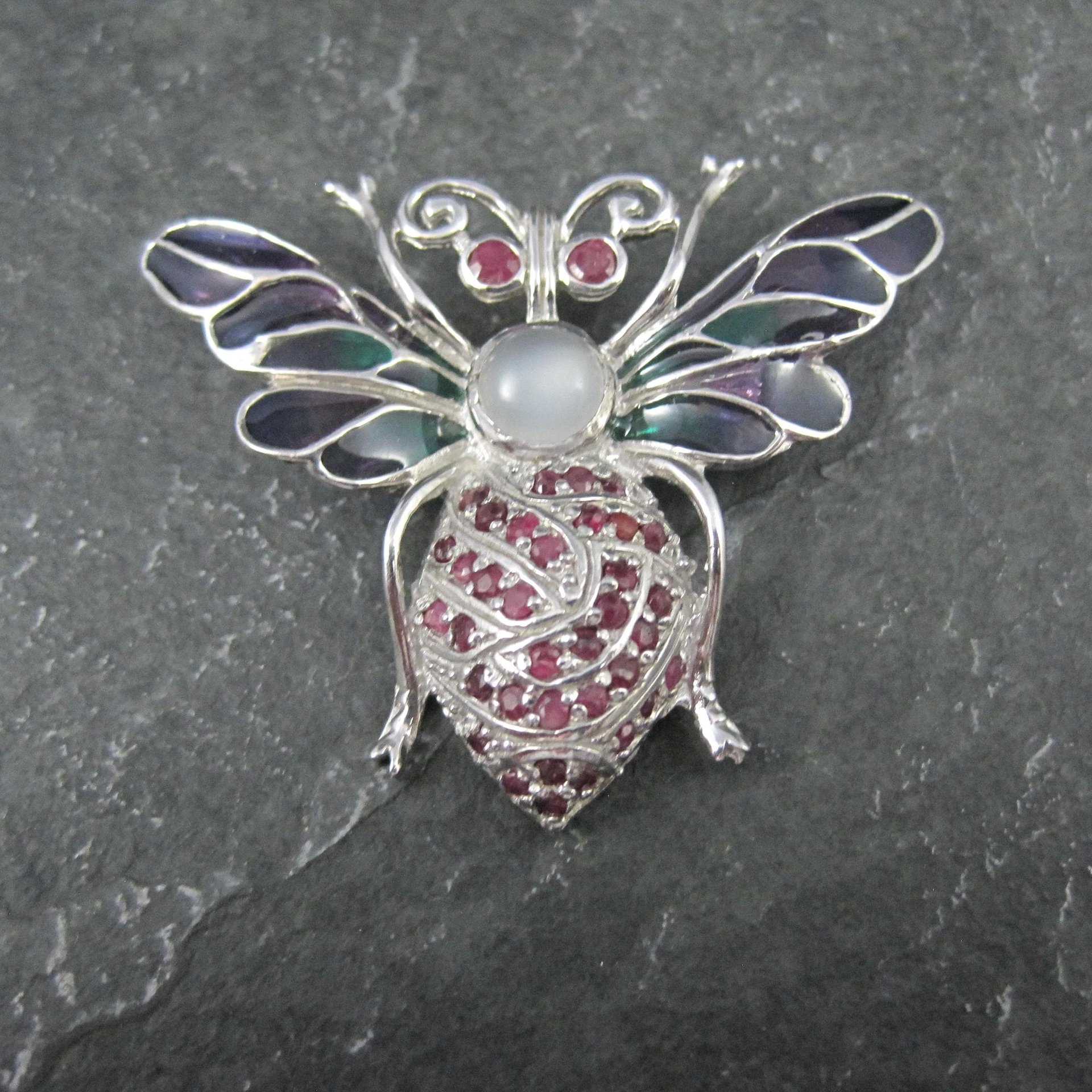 Ruby and Moonstone Bee Pendant Brooch Sterling Silver Plique-a-jour Enamel