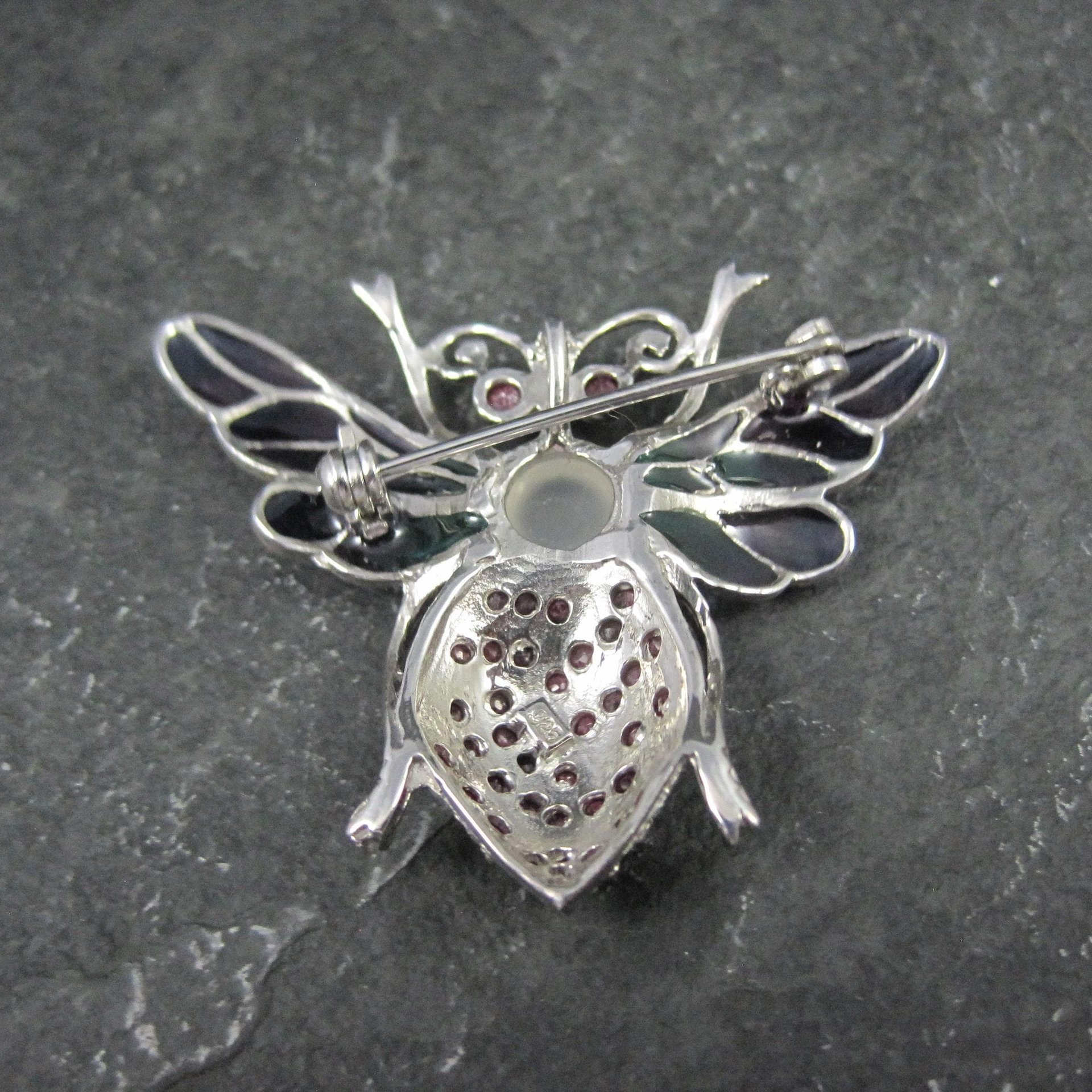 Ruby and Moonstone Bee Pendant Brooch Sterling Silver Plique-a-jour Enamel
