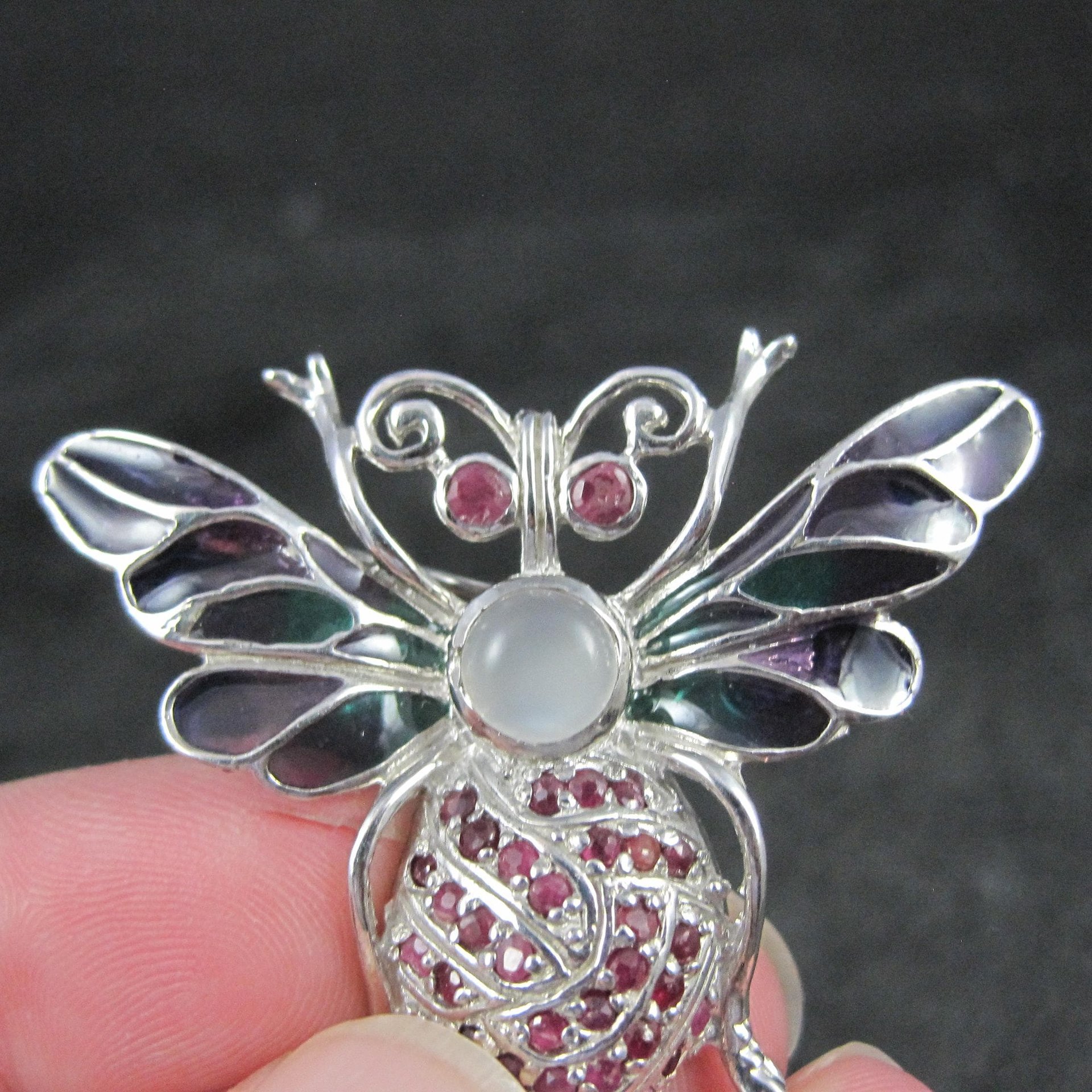Ruby and Moonstone Bee Pendant Brooch Sterling Silver Plique-a-jour Enamel