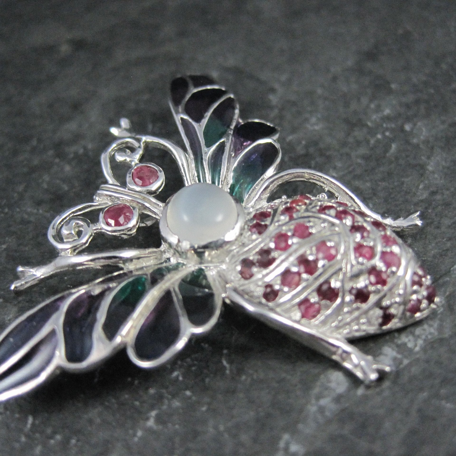 Ruby and Moonstone Bee Pendant Brooch Sterling Silver Plique-a-jour Enamel