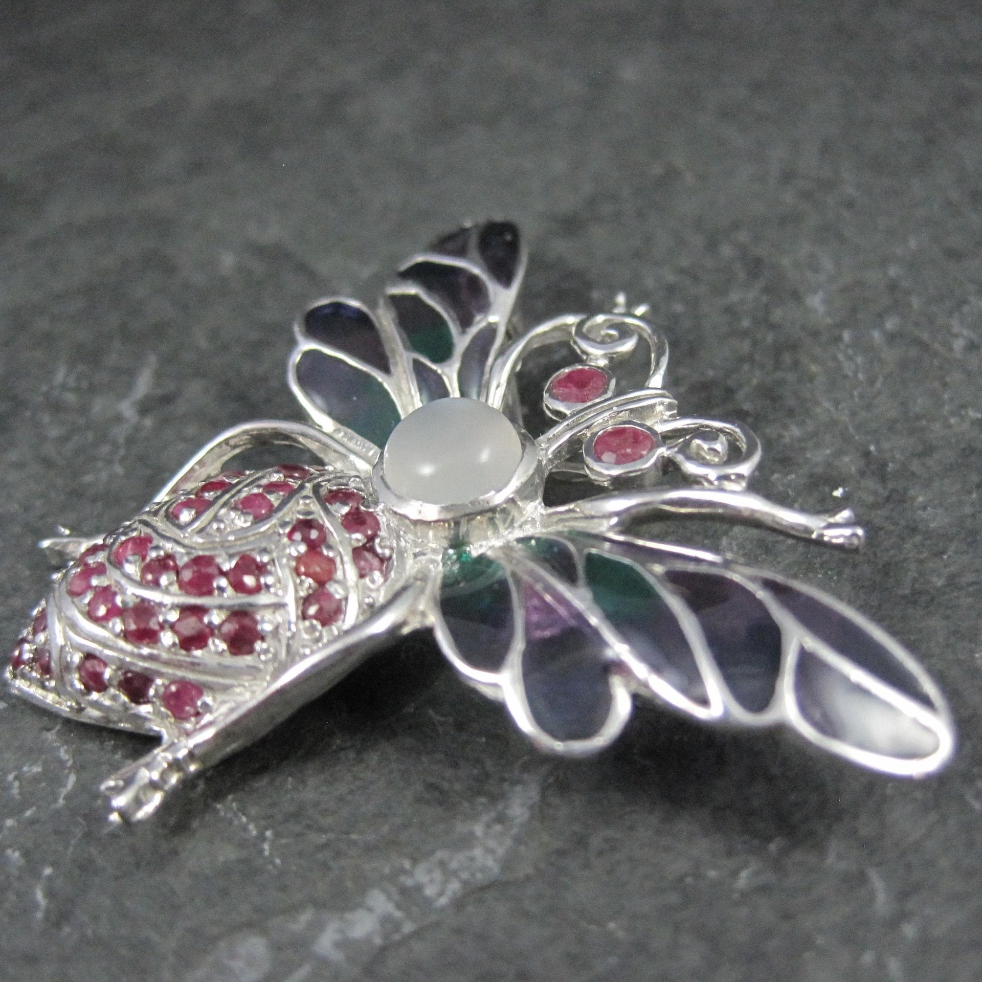 Ruby and Moonstone Bee Pendant Brooch Sterling Silver Plique-a-jour Enamel