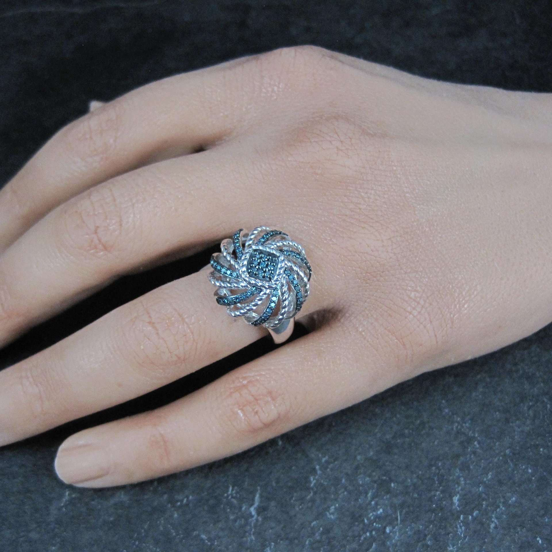 Estate Blue Diamond Ring Size 6 Sterling Silver .25 Ctw