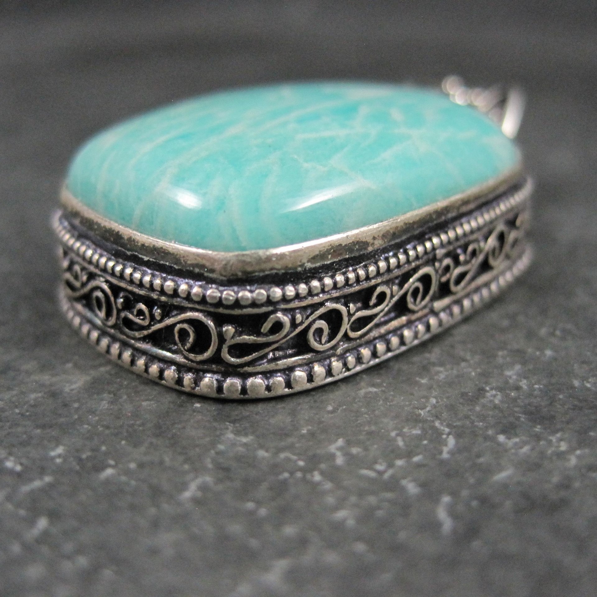 Ornate Amazonite Pendant Sterling Silver Balinese Estate Necklace