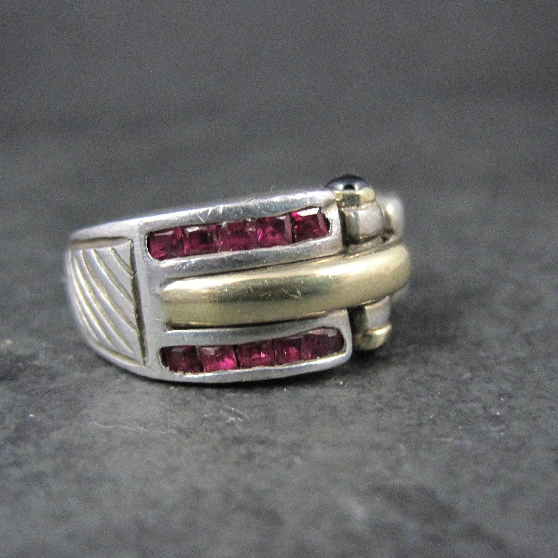 Vintage Ruby and Sapphire Ring Size 7 Sterling Silver and 18K Yellow Gold Estate Jewelry