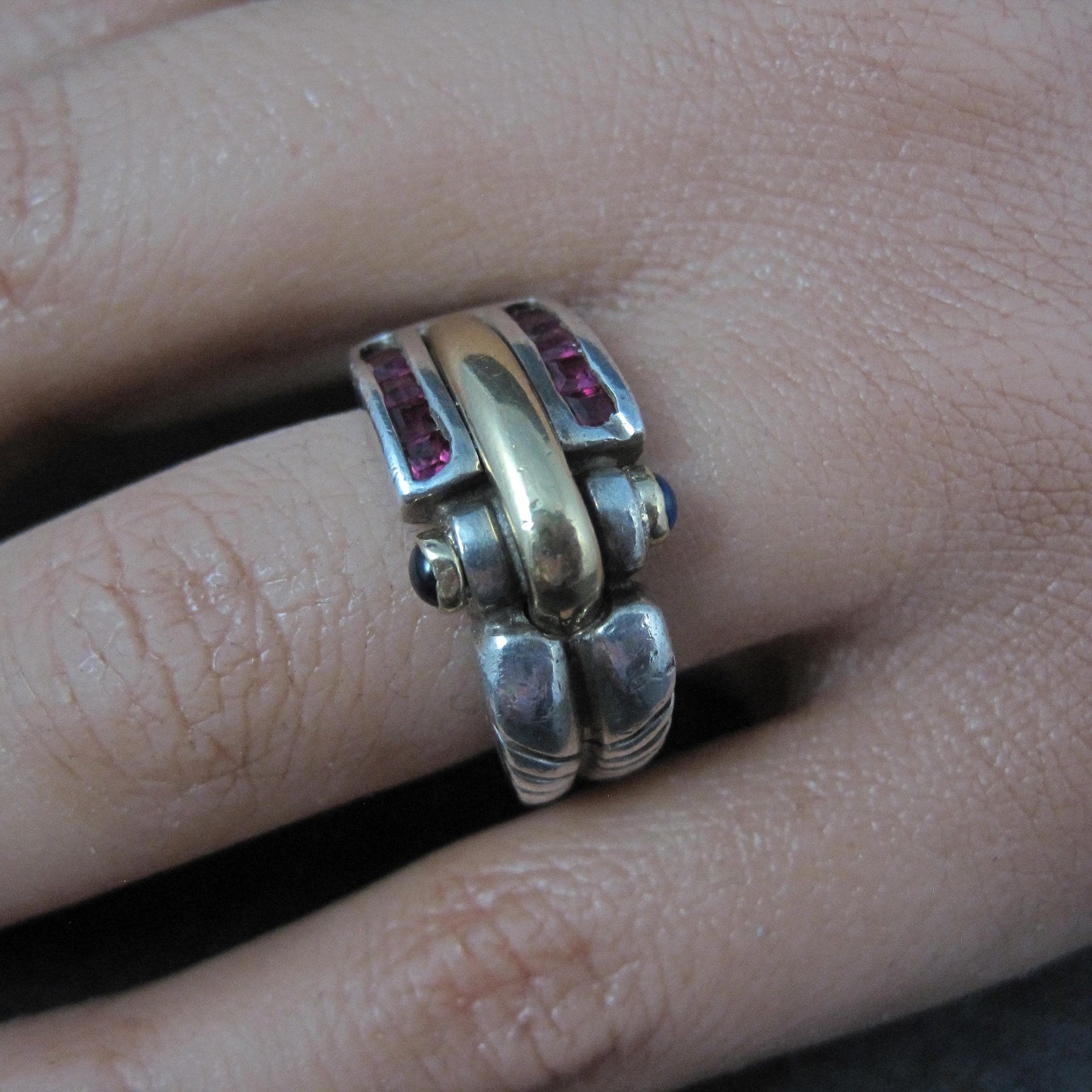 Vintage Ruby and Sapphire Ring Size 7 Sterling Silver and 18K Yellow Gold Estate Jewelry