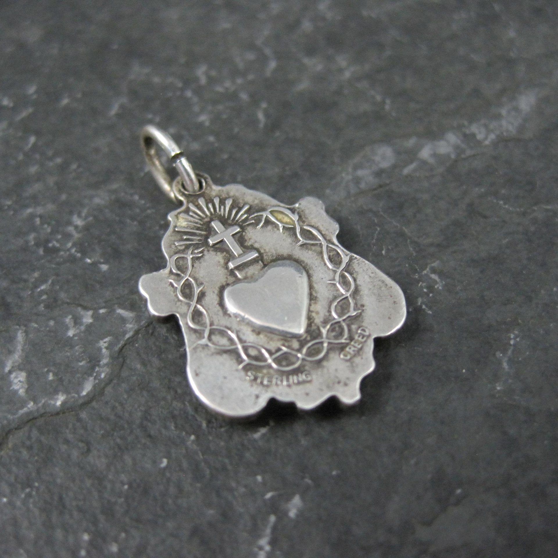 Vintage Catholic Sacred Heart Medal Pendant Charm Creed Sterling
