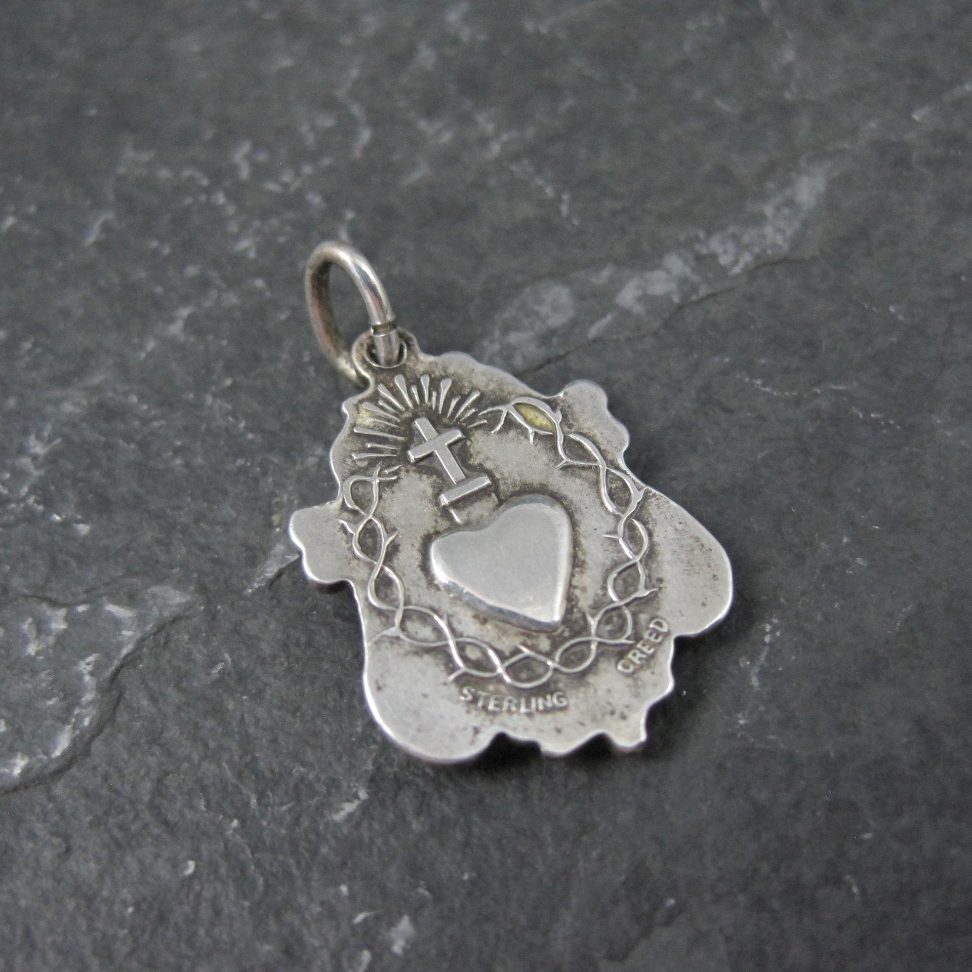 Vintage Catholic Sacred Heart Medal Pendant Charm Creed Sterling