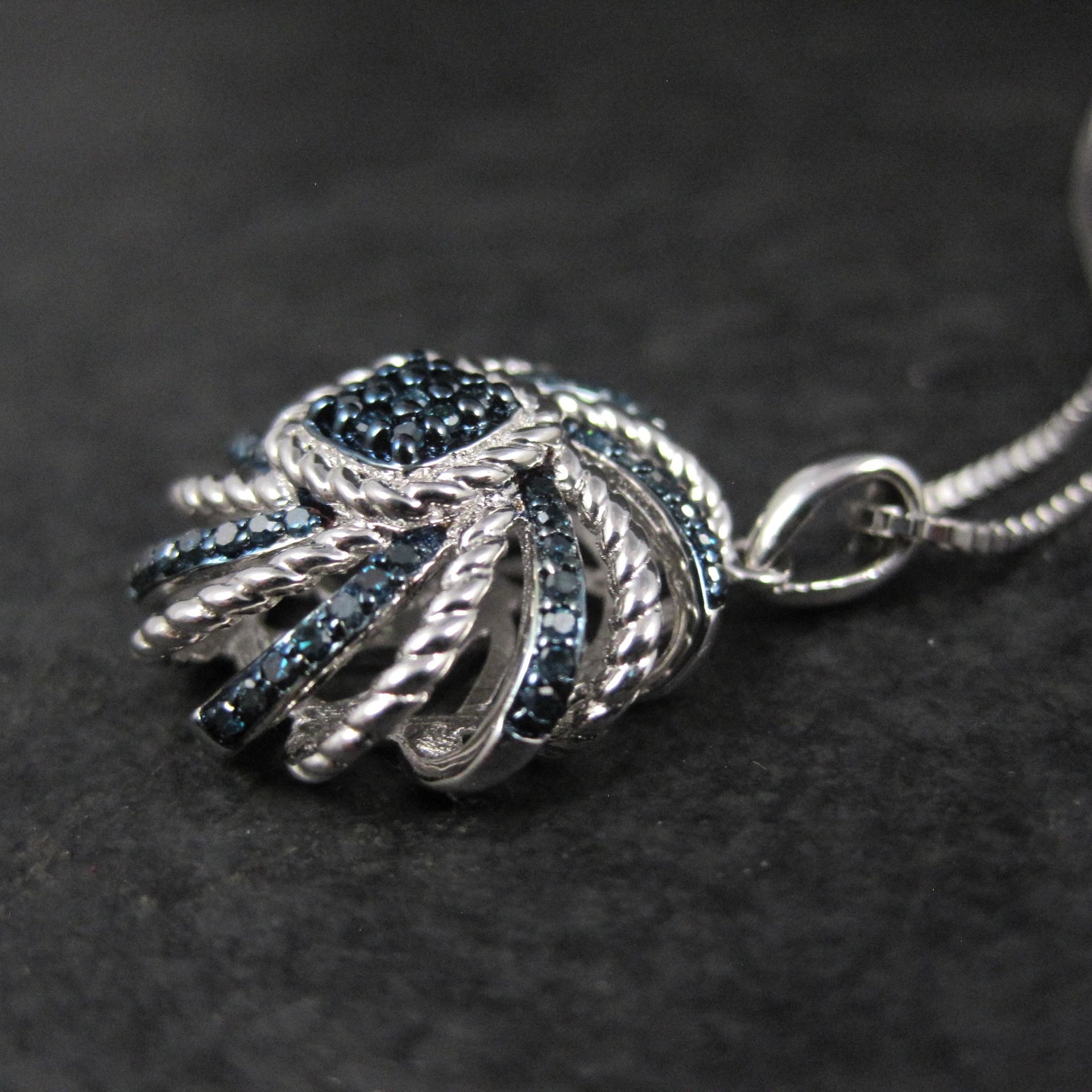 Estate Blue Diamond Pendant Necklace Sterling Silver .25 Ctw