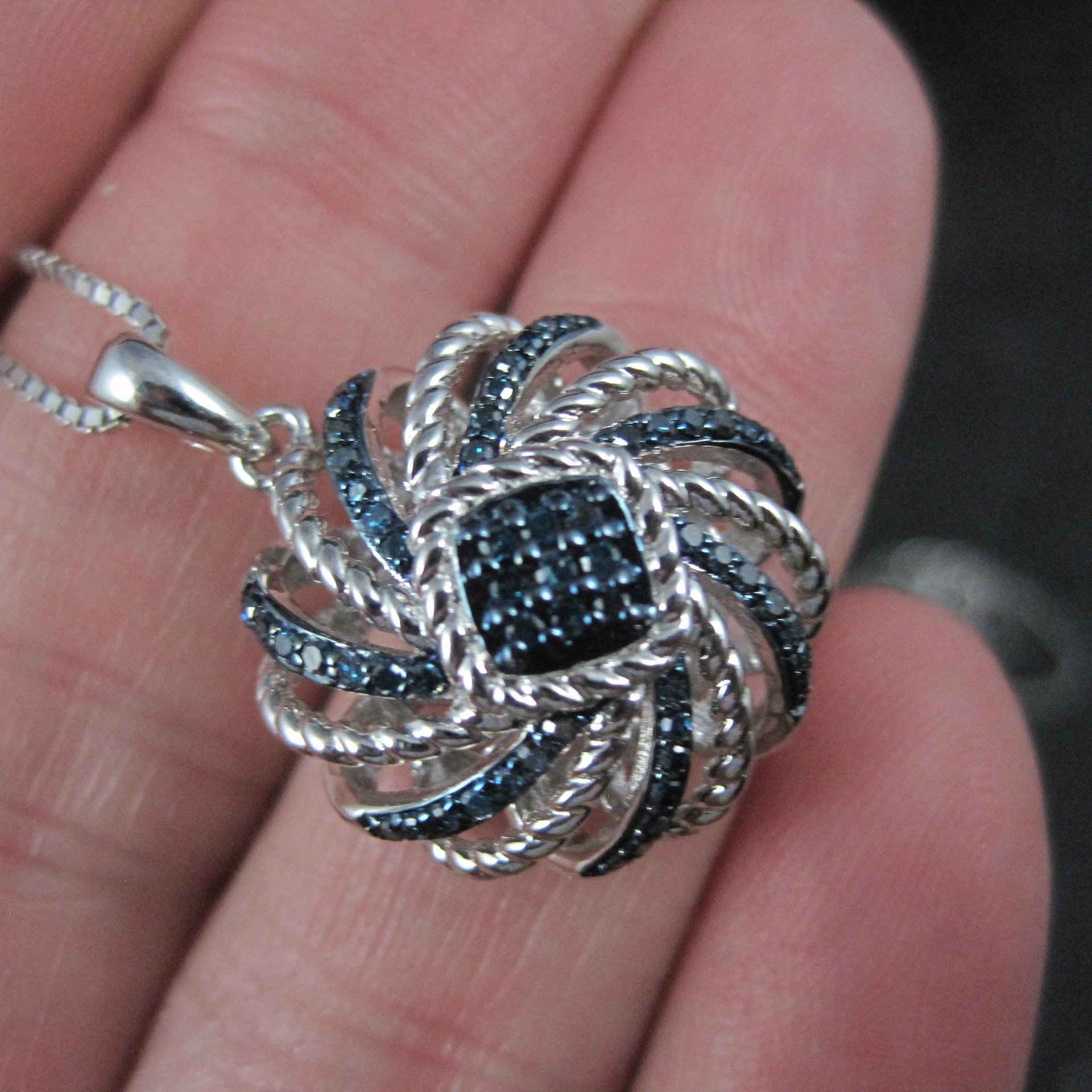 Estate Blue Diamond Pendant Necklace Sterling Silver .25 Ctw