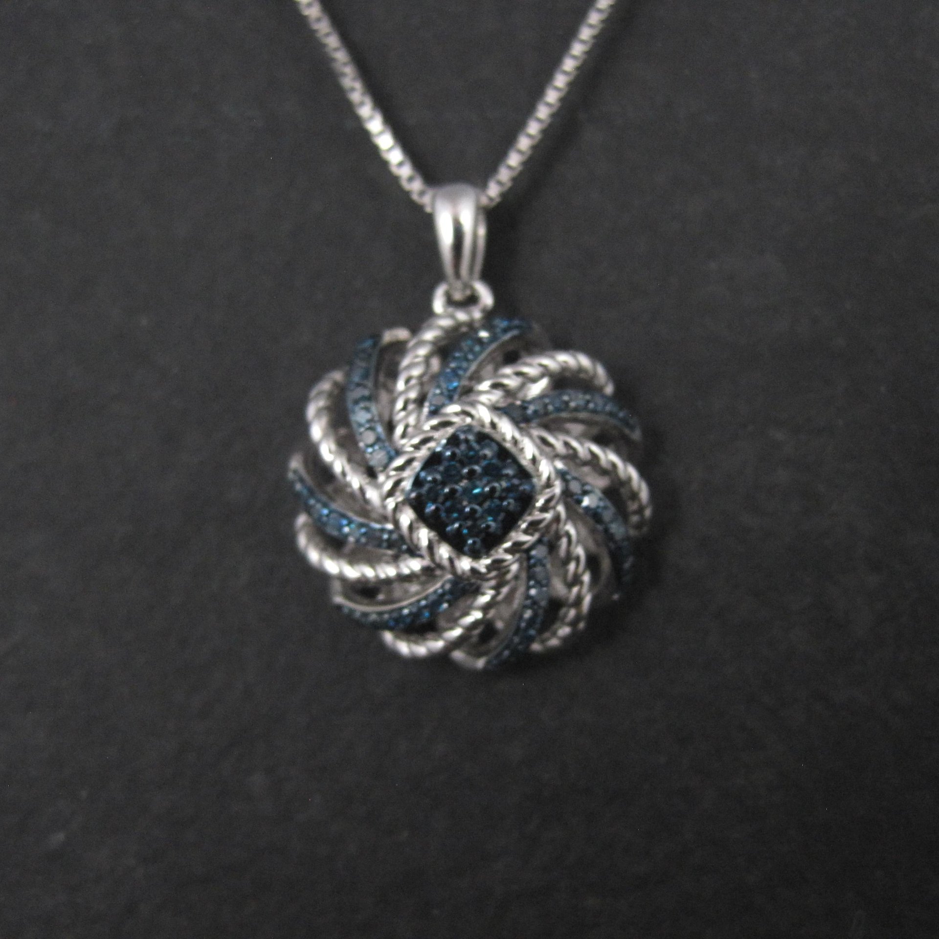 Estate Blue Diamond Pendant Necklace Sterling Silver .25 Ctw