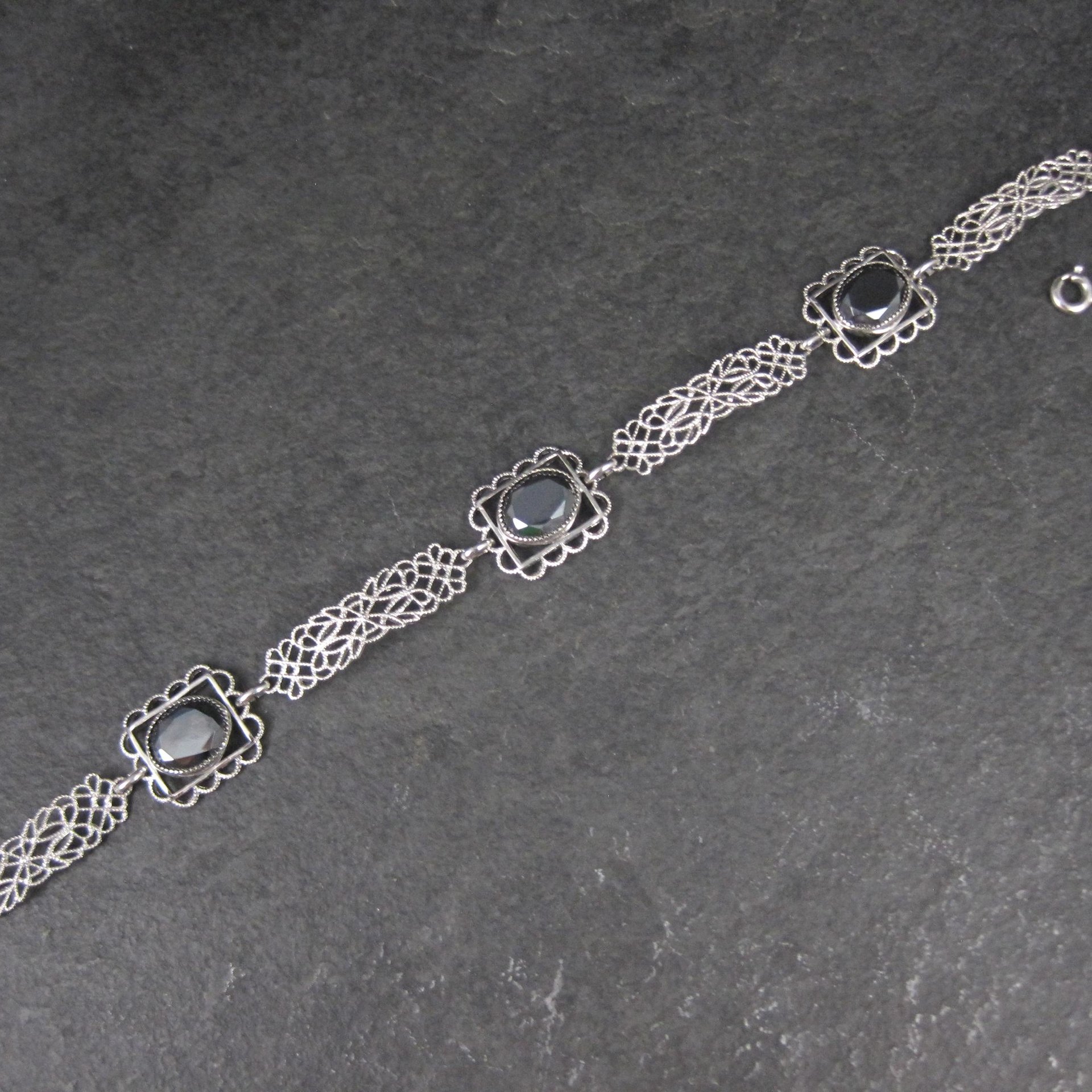 Filigree Hematite Bracelet 14K White Gold Filled 7.5 Inches