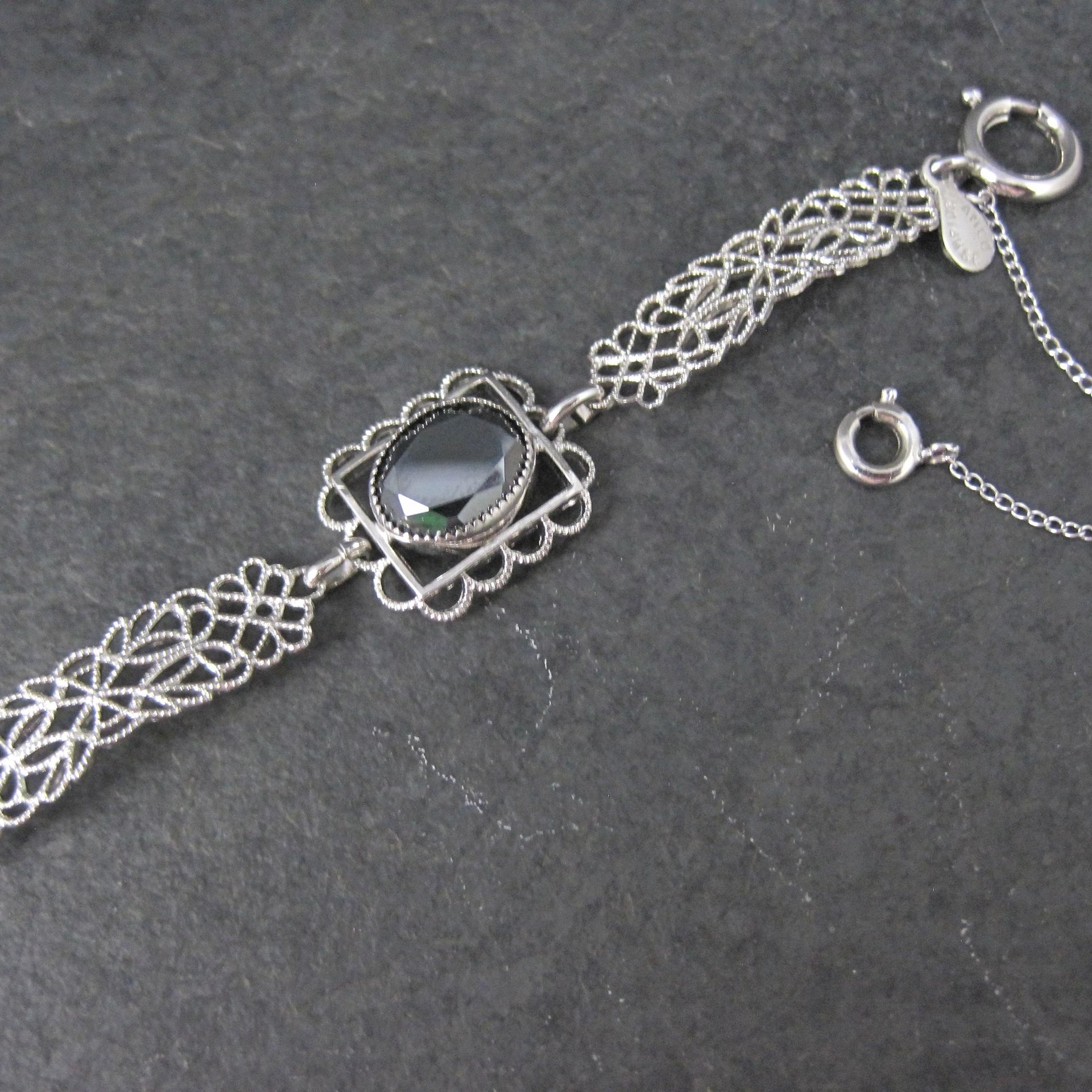 Filigree Hematite Bracelet 14K White Gold Filled 7.5 Inches