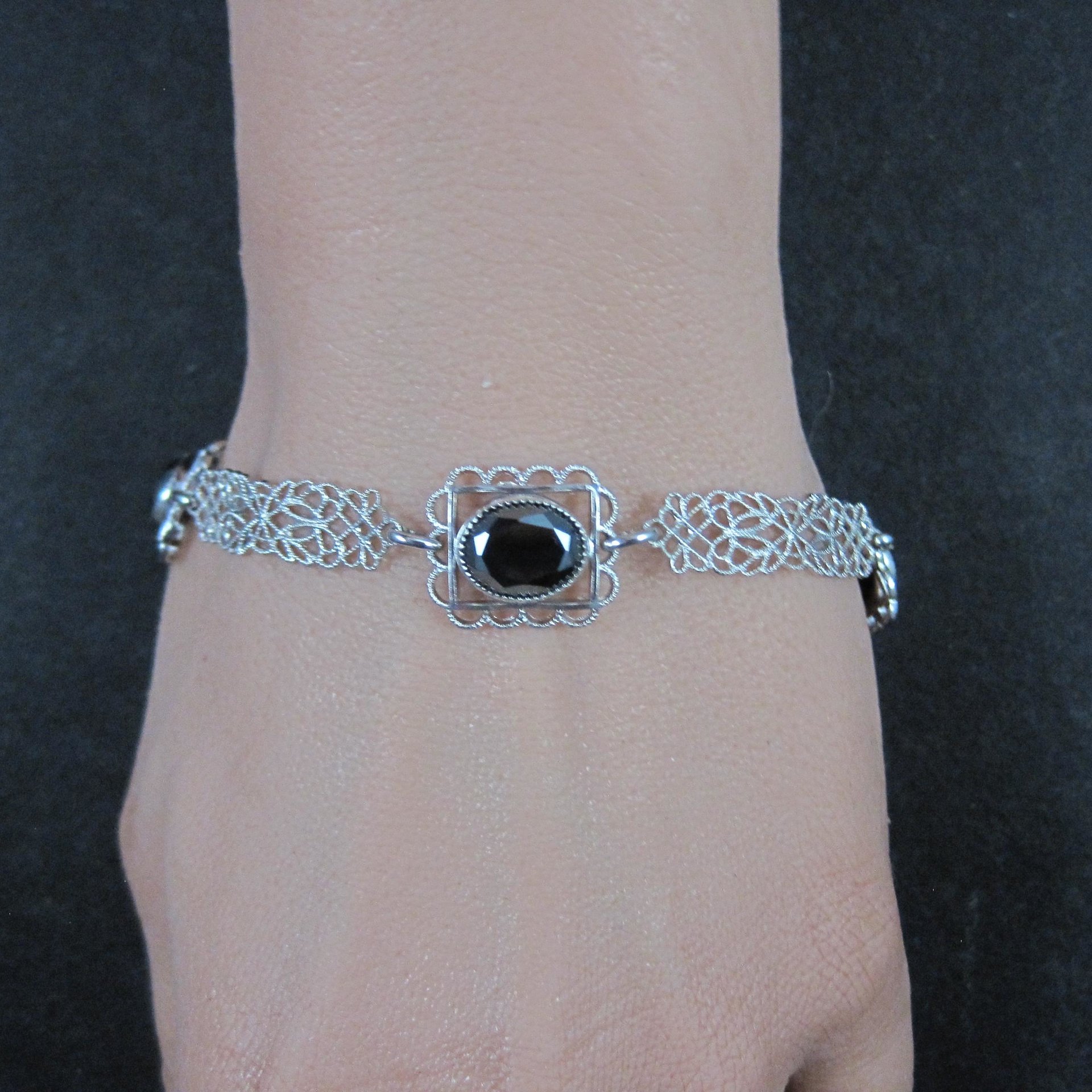 Filigree Hematite Bracelet 14K White Gold Filled 7.5 Inches