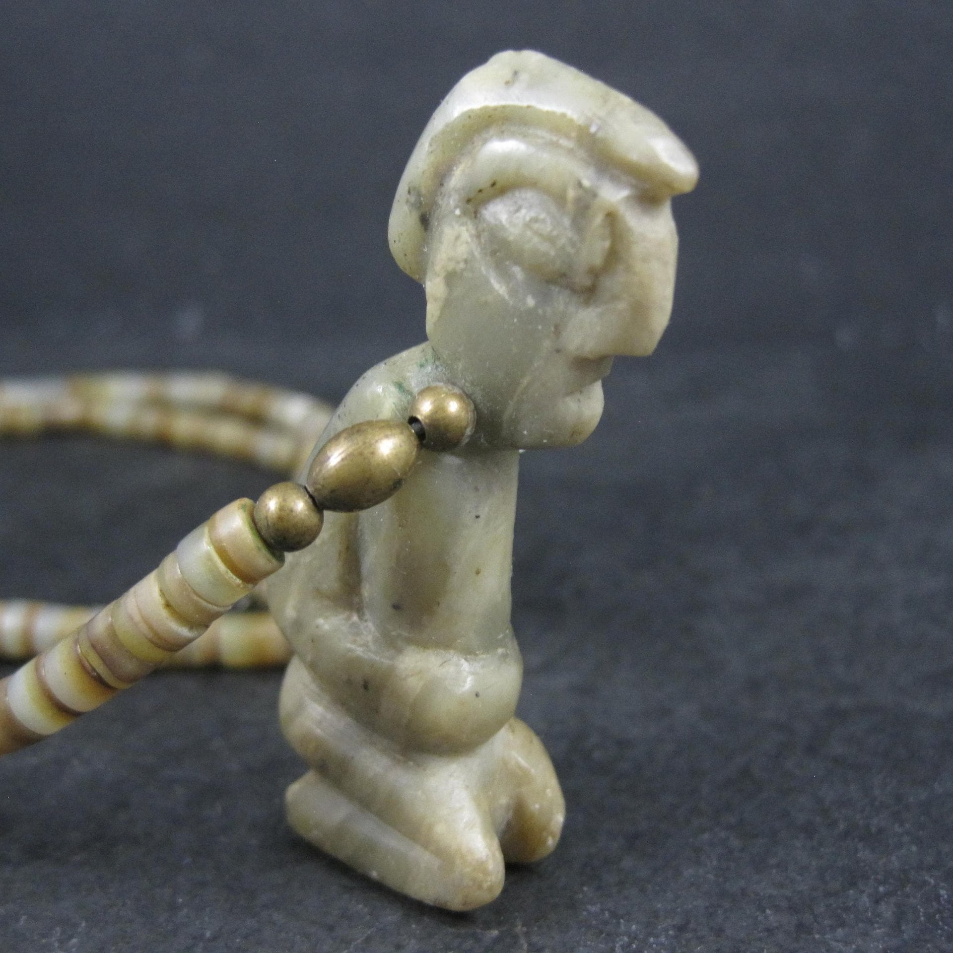 Pre Columbian Nephrite Effigy Pendant on Alabaster Bead Necklace