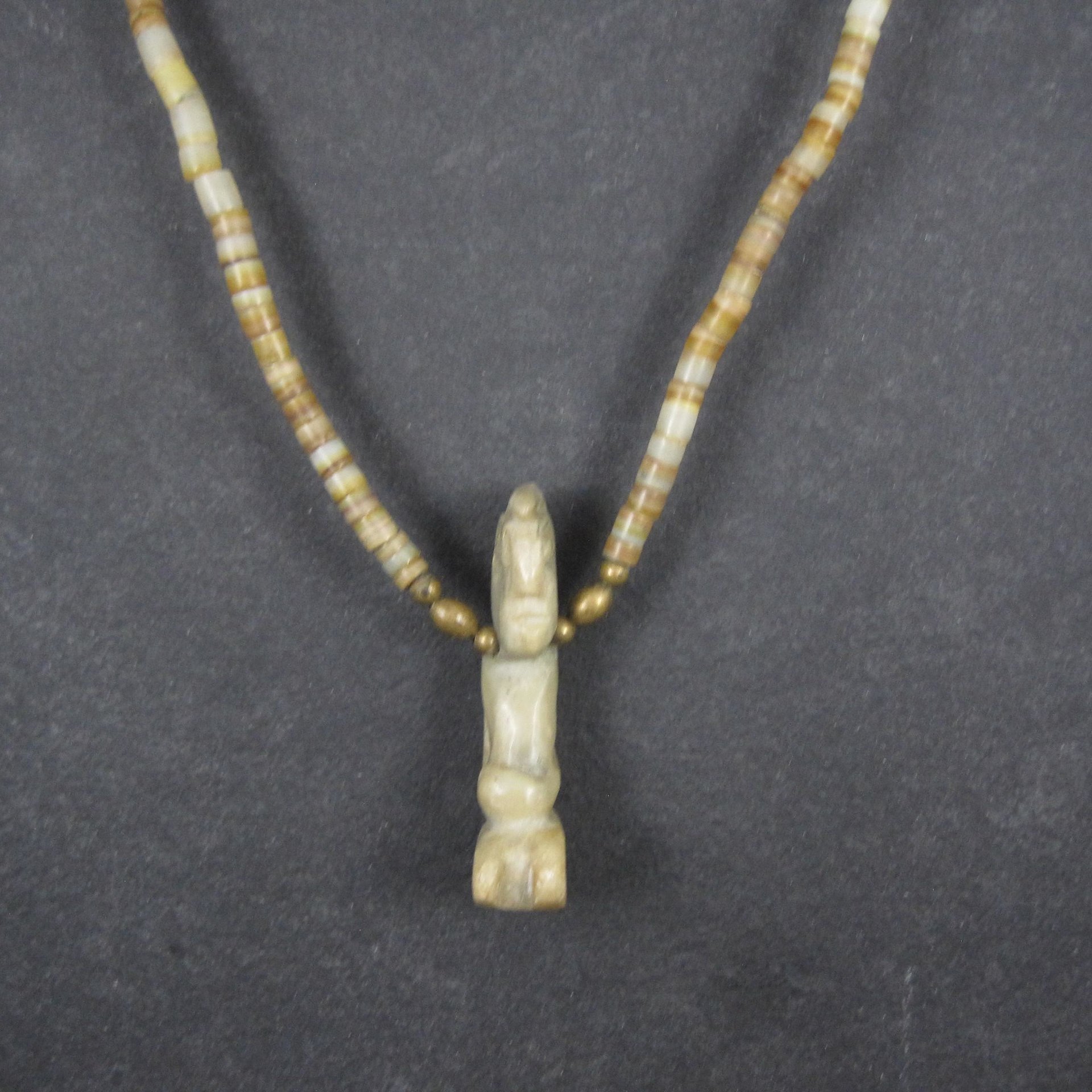 Pre Columbian Nephrite Effigy Pendant on Alabaster Bead Necklace