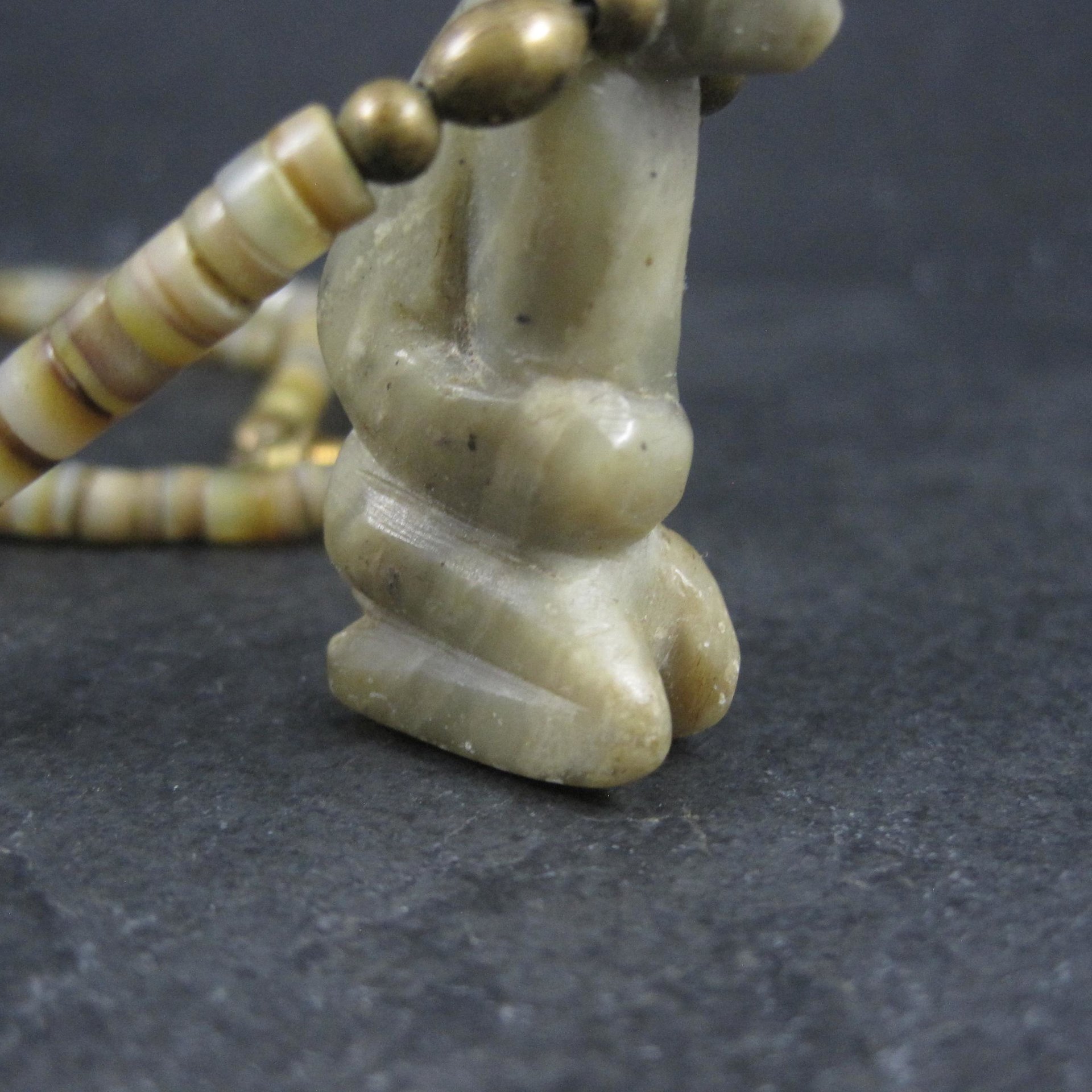 Pre Columbian Nephrite Effigy Pendant on Alabaster Bead Necklace