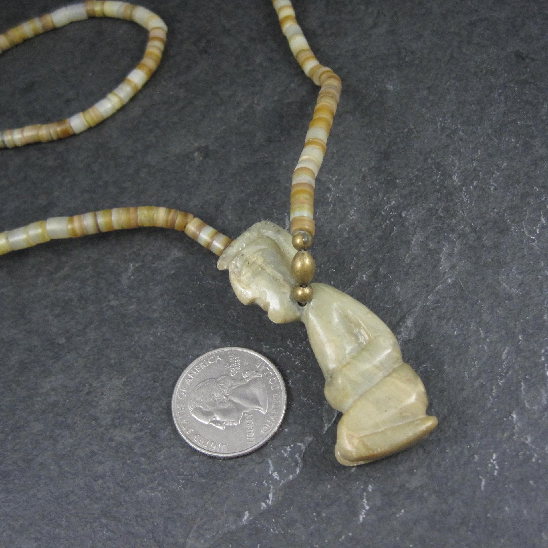 Pre Columbian Nephrite Effigy Pendant on Alabaster Bead Necklace