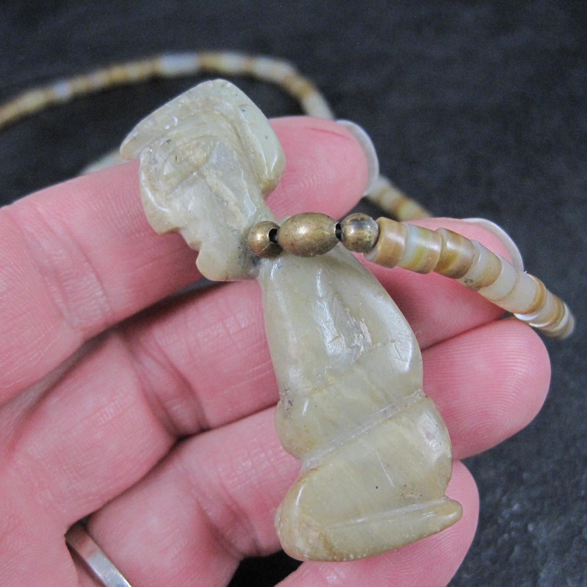 Pre Columbian Nephrite Effigy Pendant on Alabaster Bead Necklace