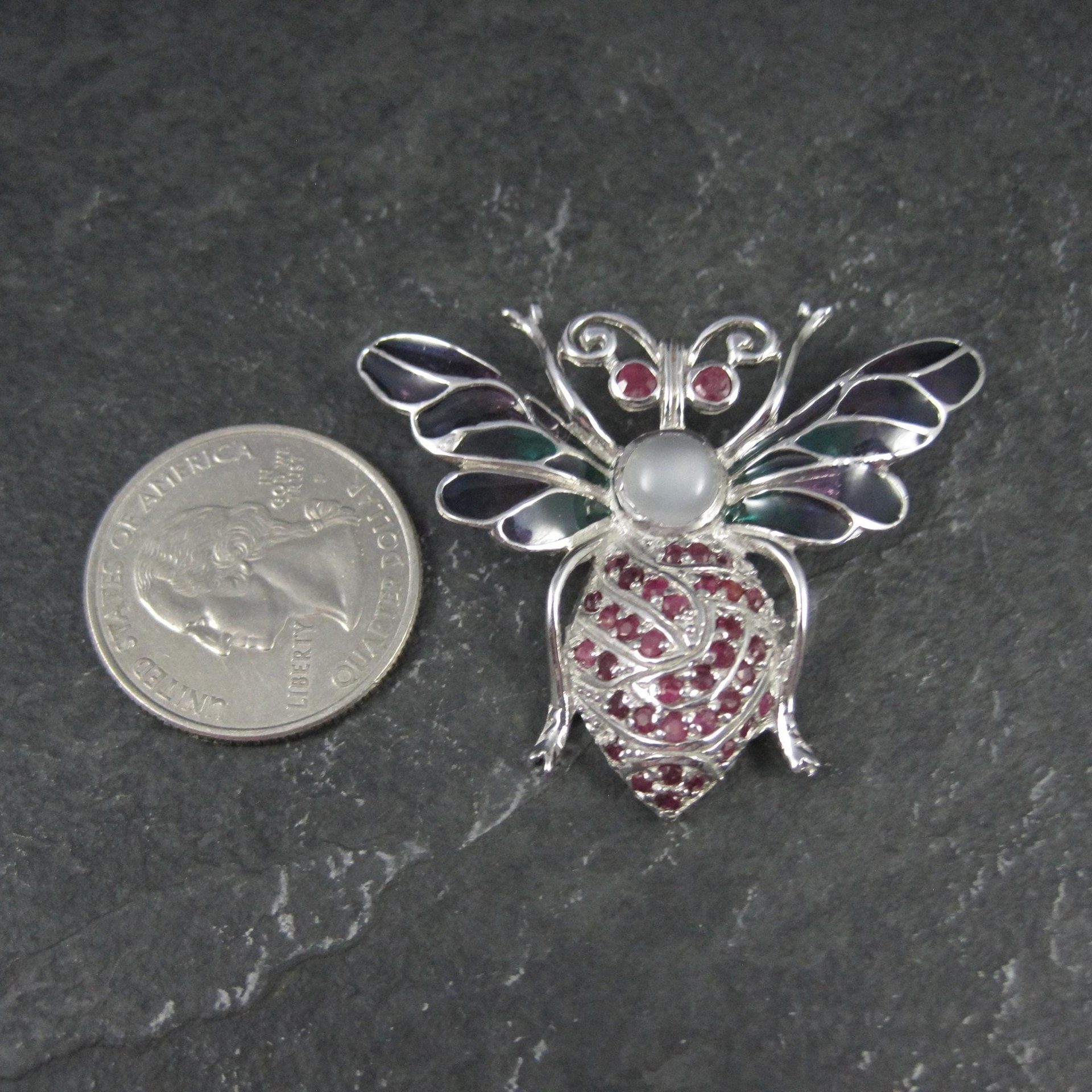 Ruby and Moonstone Bee Pendant Brooch Sterling Silver Plique-a-jour Enamel