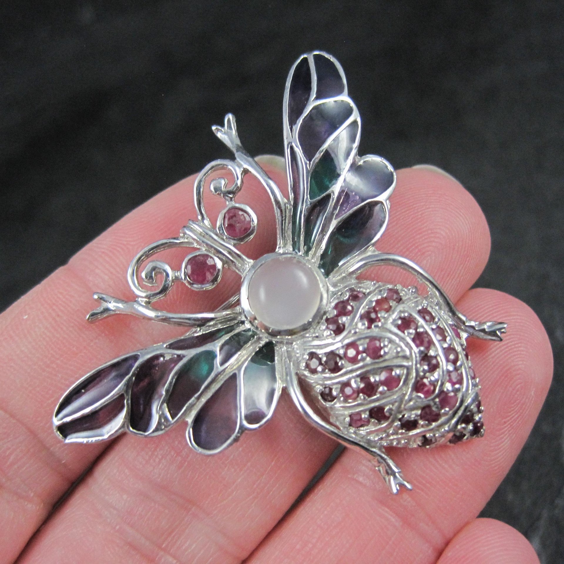 Ruby and Moonstone Bee Pendant Brooch Sterling Silver Plique-a-jour Enamel