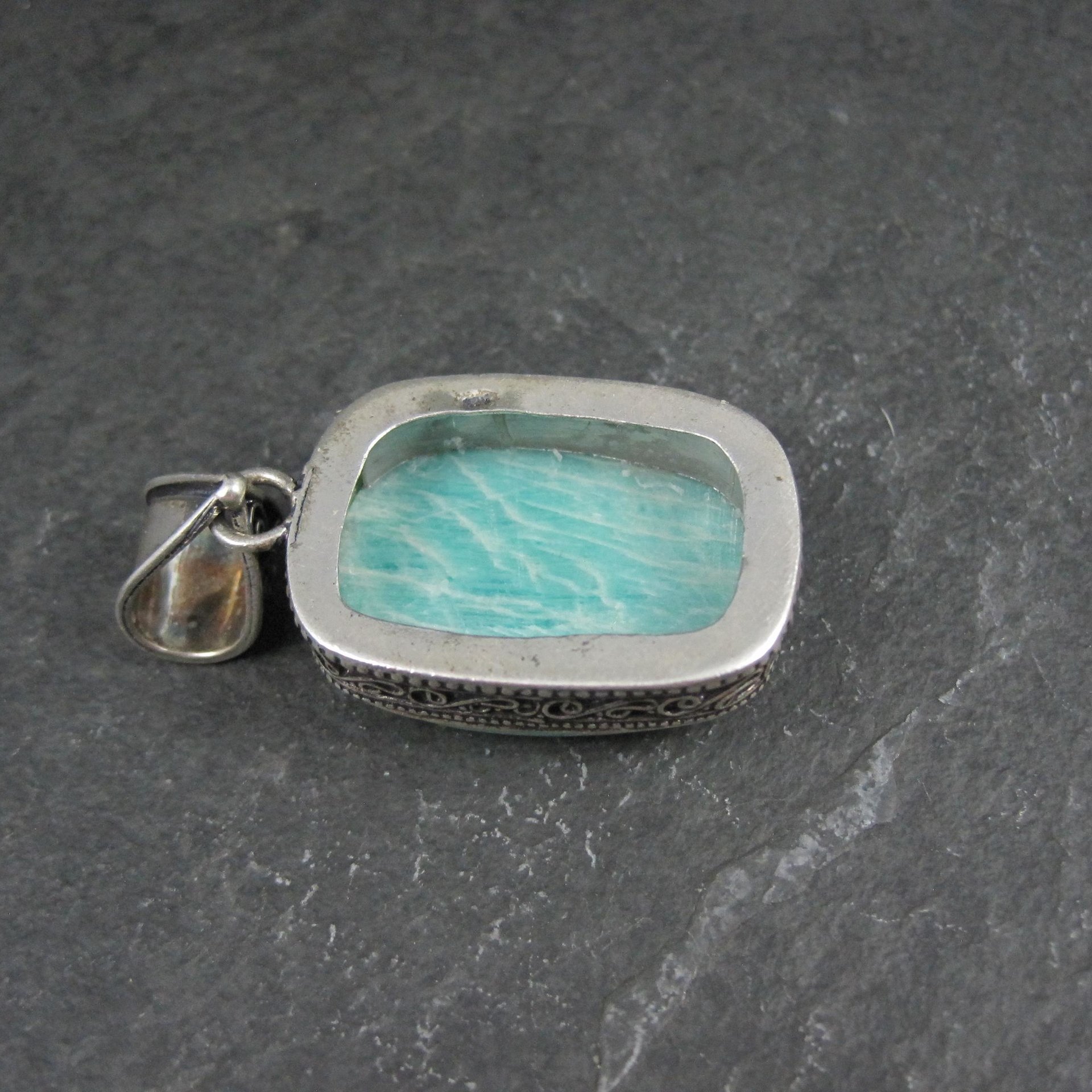 Ornate Amazonite Pendant Sterling Silver Balinese Estate Necklace
