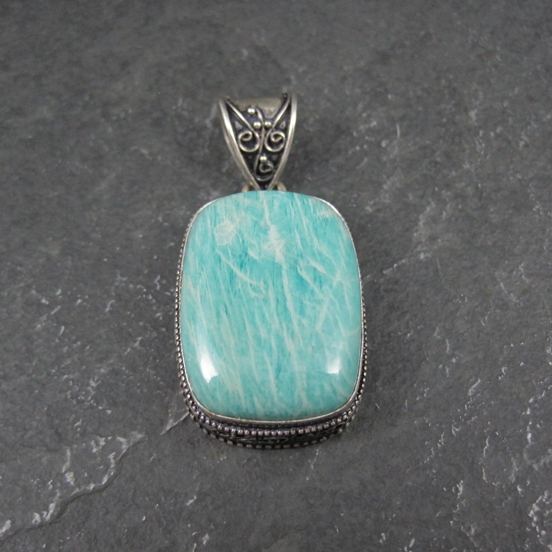 Ornate Amazonite Pendant Sterling Silver Balinese Estate Necklace